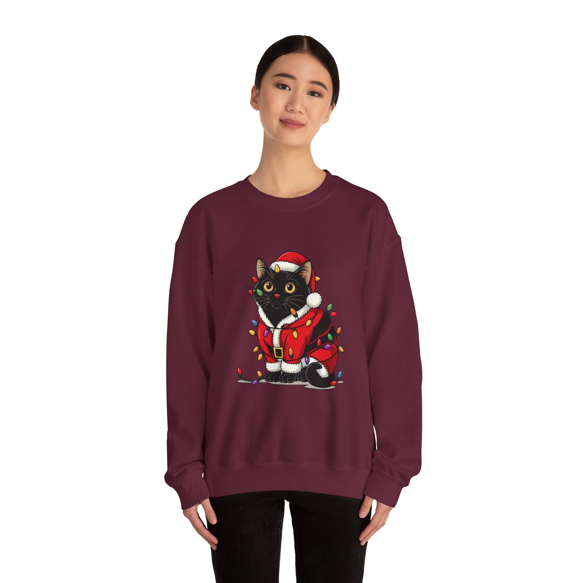 Holiday Black Cat Sweatshirt — Cute Santa Kitten in Christmas Lights