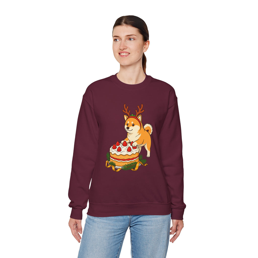 Shiba Inu Reindeer Sweatshirt – Cute Dog with Holiday Cake Crewneck