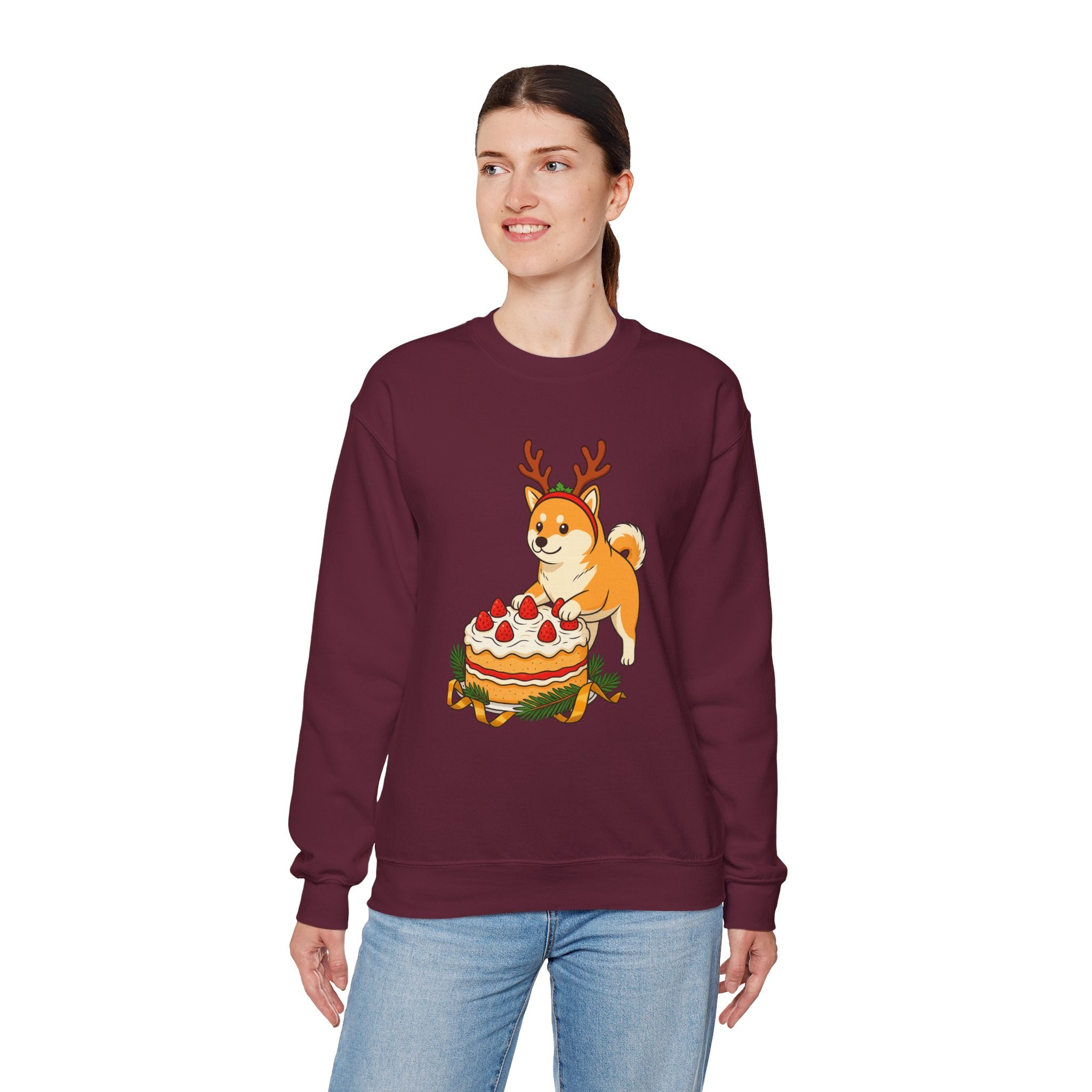 Shiba Inu Reindeer Sweatshirt – Cute Dog with Holiday Cake Crewneck