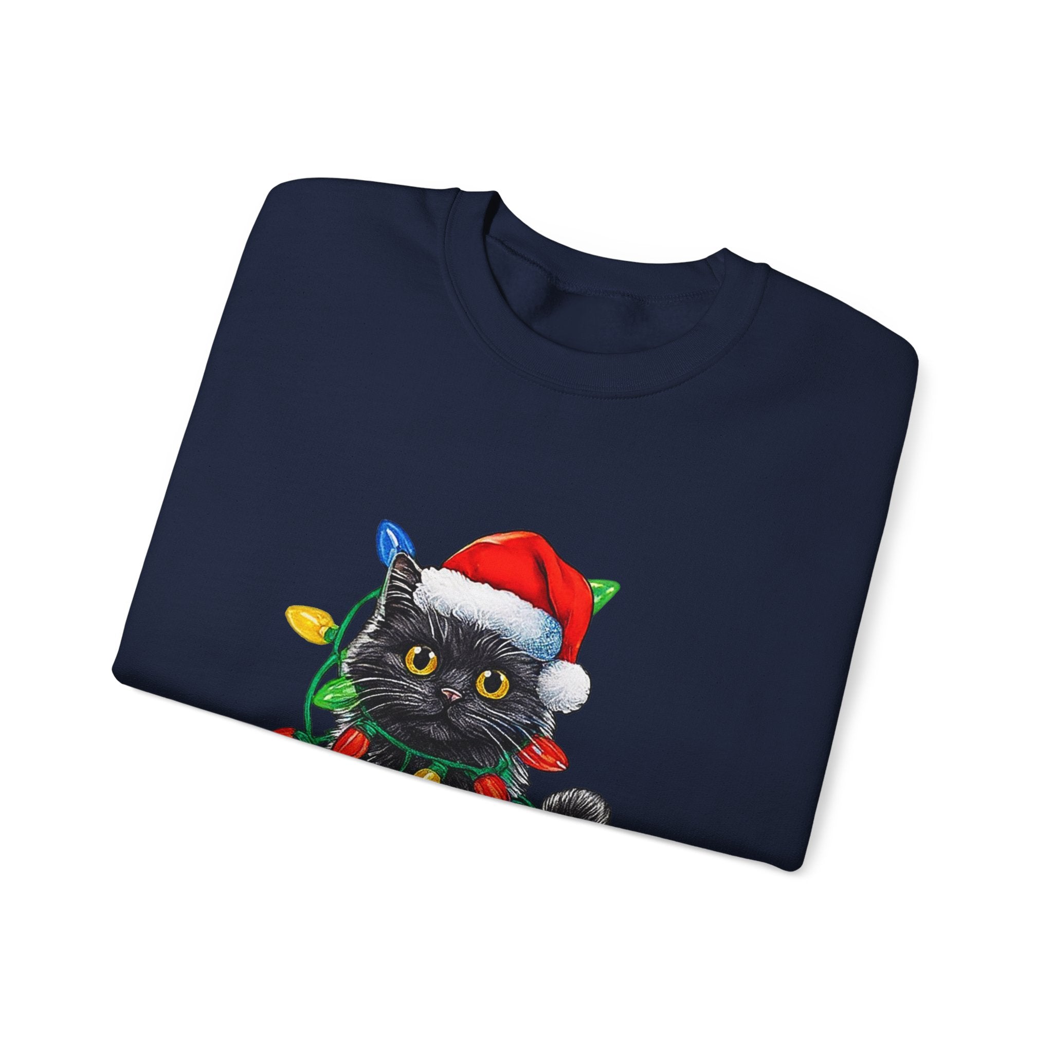 Christmas Cat Sweatshirt — Black Kitty in Santa Hat Wrapped in Holiday Lights