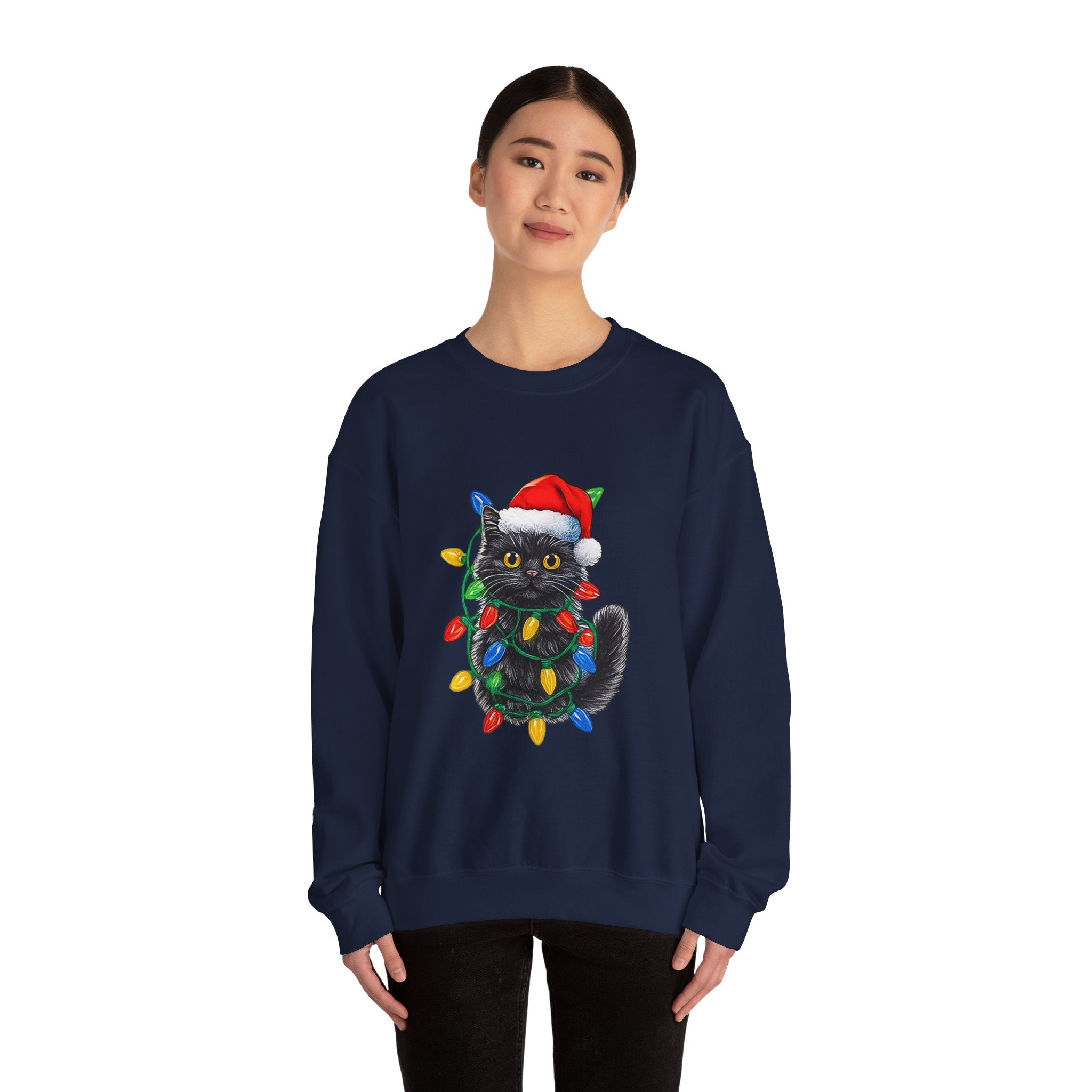 Christmas Cat Sweatshirt — Black Kitty in Santa Hat Wrapped in Holiday Lights