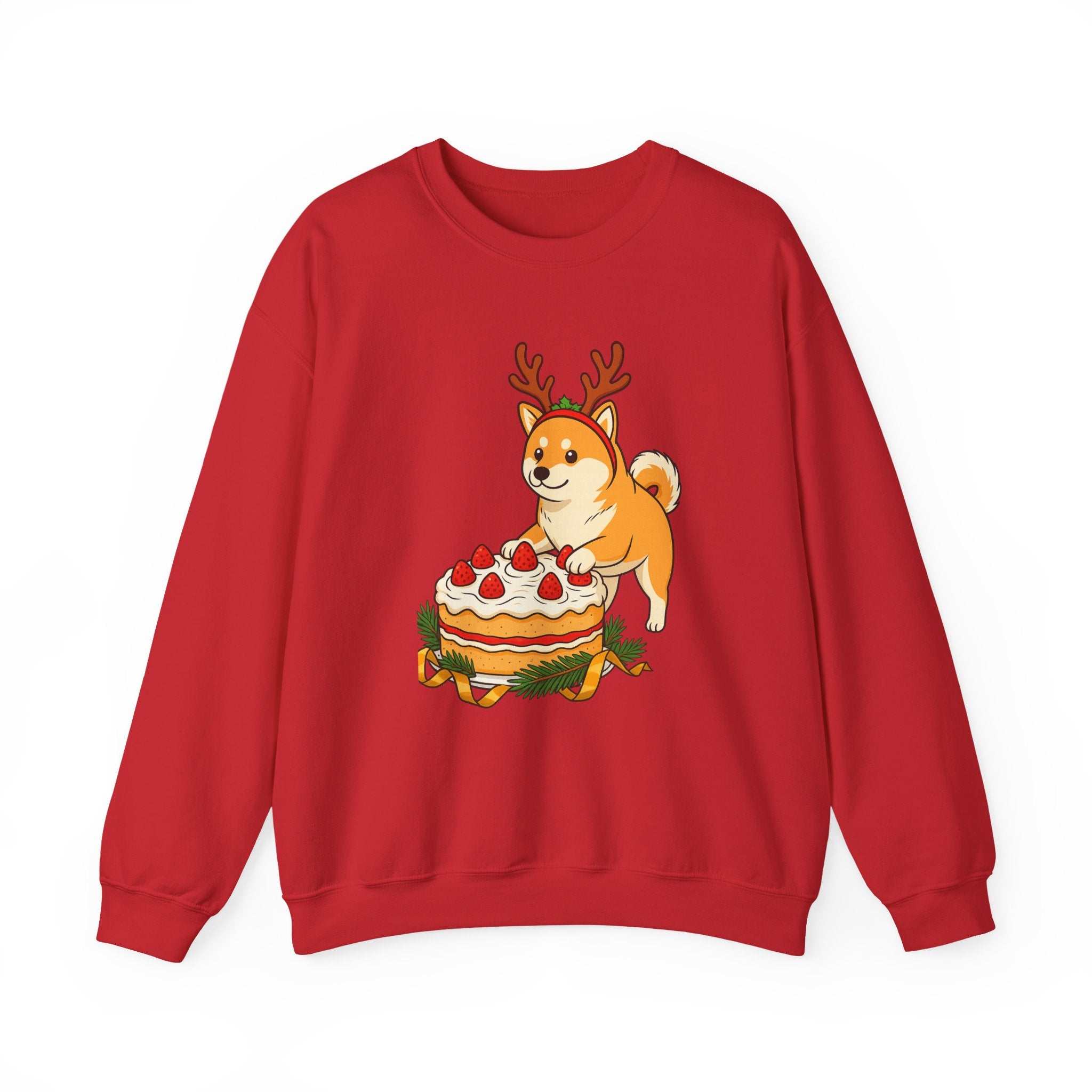 Shiba Inu Reindeer Sweatshirt – Cute Dog with Holiday Cake Crewneck