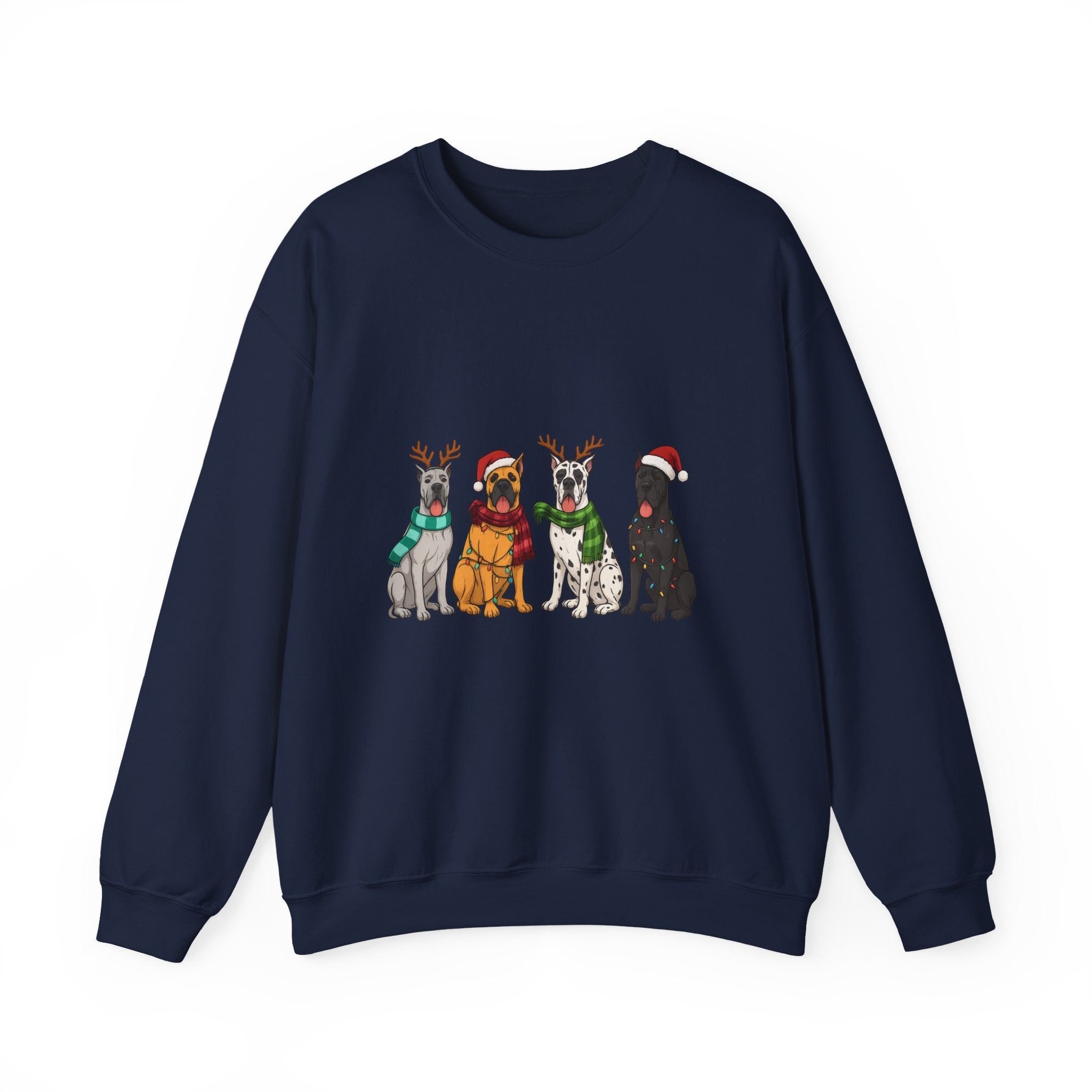 Christmas Dogs Crewneck Sweatshirt — Festive Reindeer & Santa Hat Puppies Holiday Sweatshirt