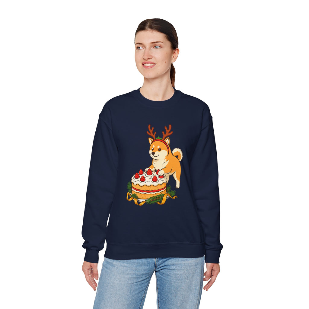 Shiba Inu Reindeer Sweatshirt – Cute Dog with Holiday Cake Crewneck