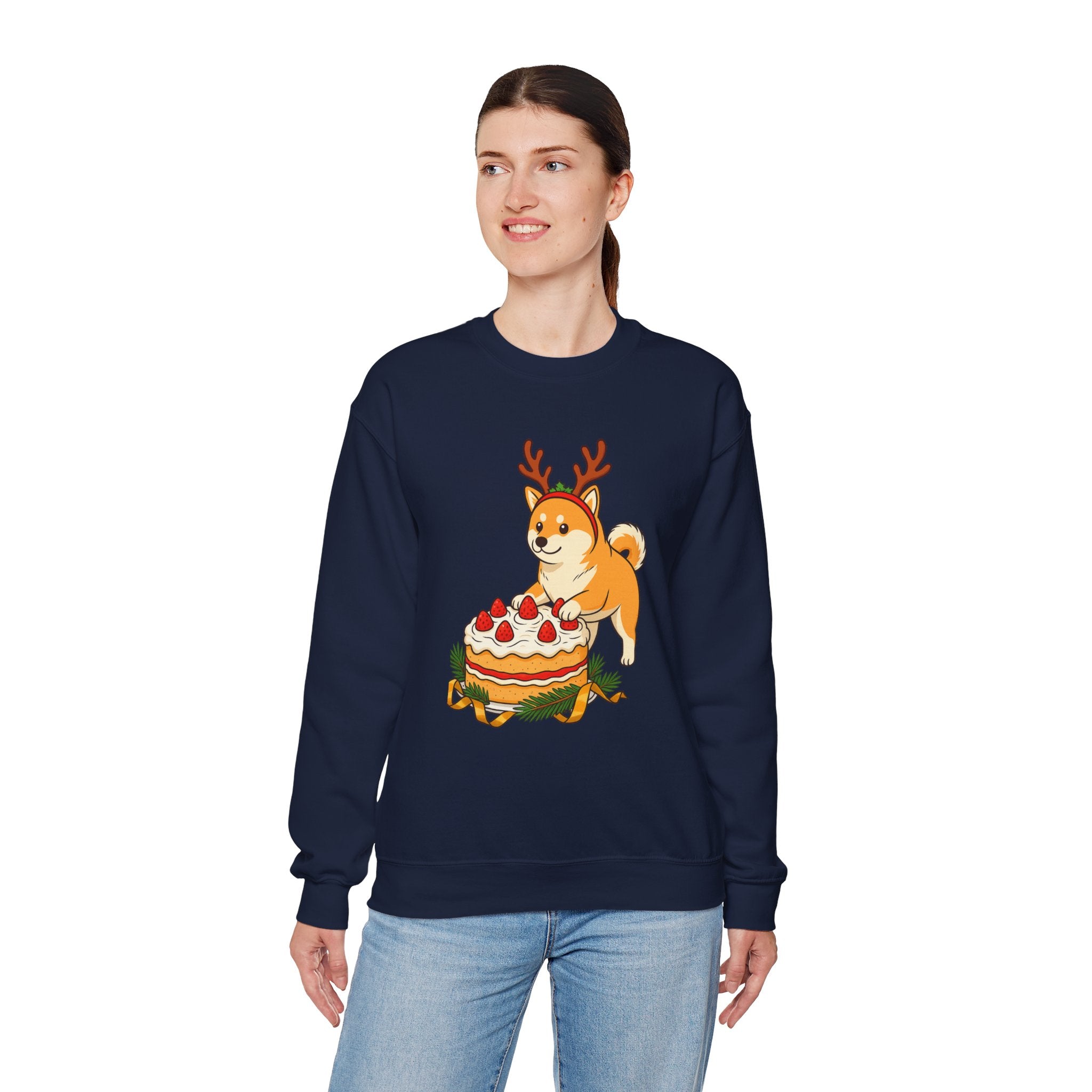 Shiba Inu Reindeer Sweatshirt – Cute Dog with Holiday Cake Crewneck