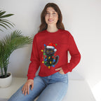 Christmas Cat Sweatshirt — Black Kitty in Santa Hat Wrapped in Holiday Lights
