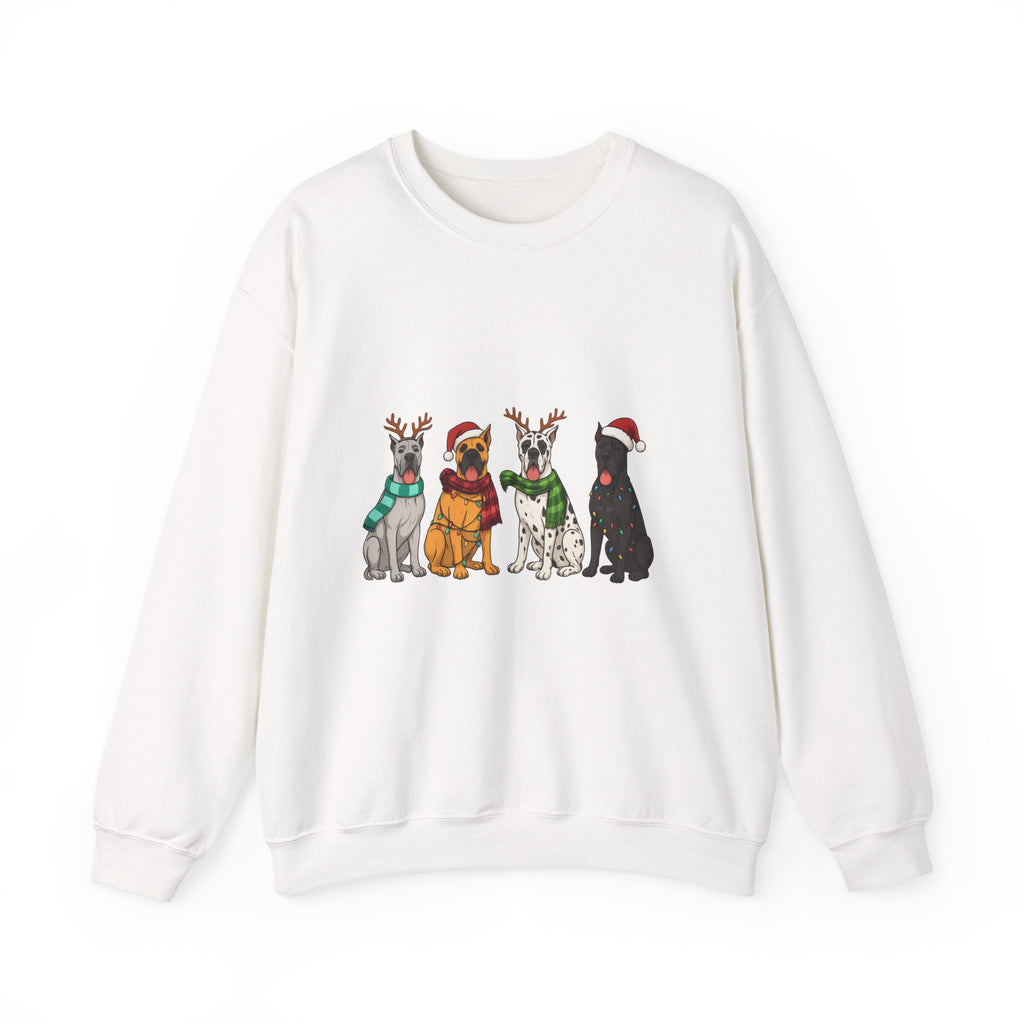 Christmas Dogs Crewneck Sweatshirt — Festive Reindeer & Santa Hat Puppies Holiday Sweatshirt