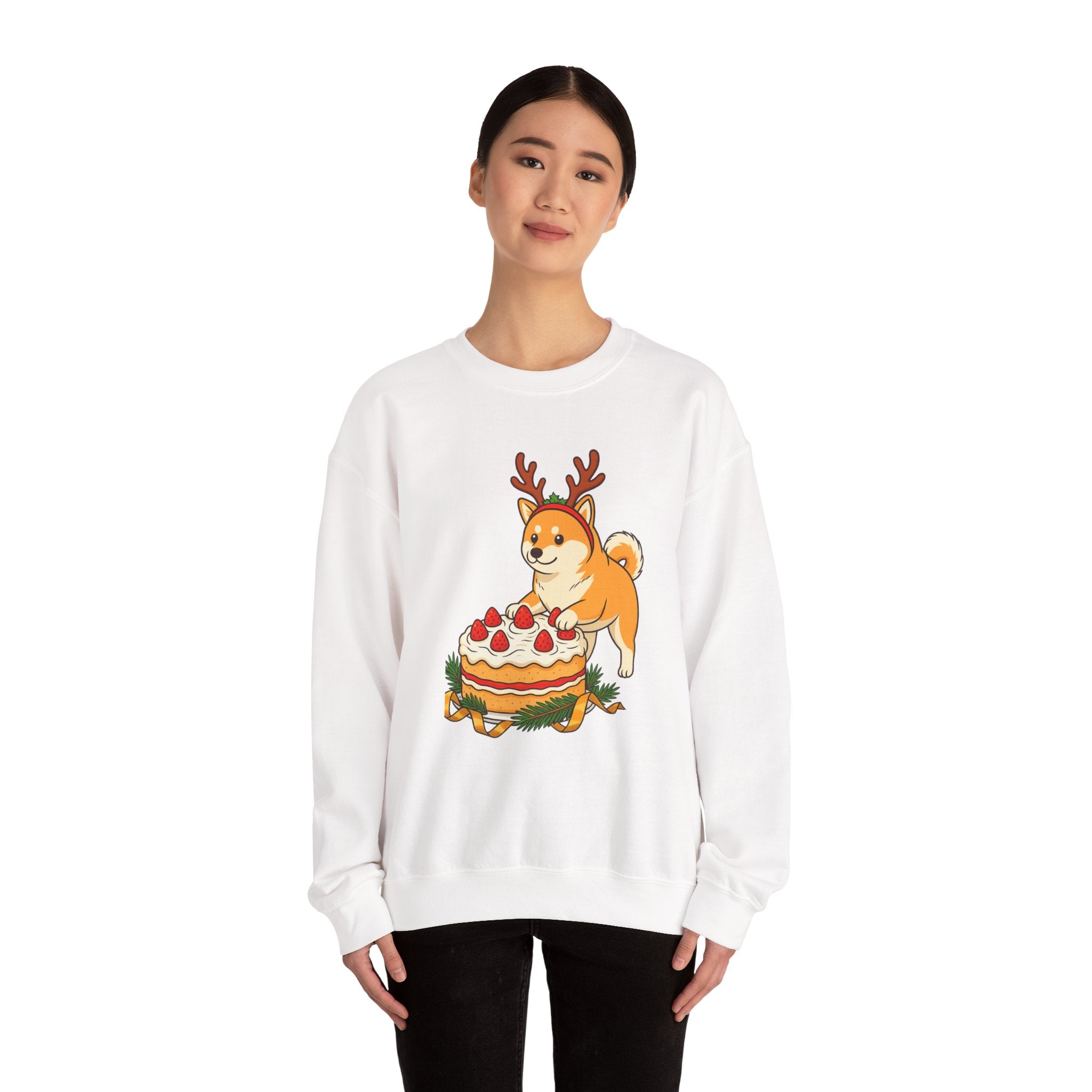 Shiba Inu Reindeer Sweatshirt – Cute Dog with Holiday Cake Crewneck