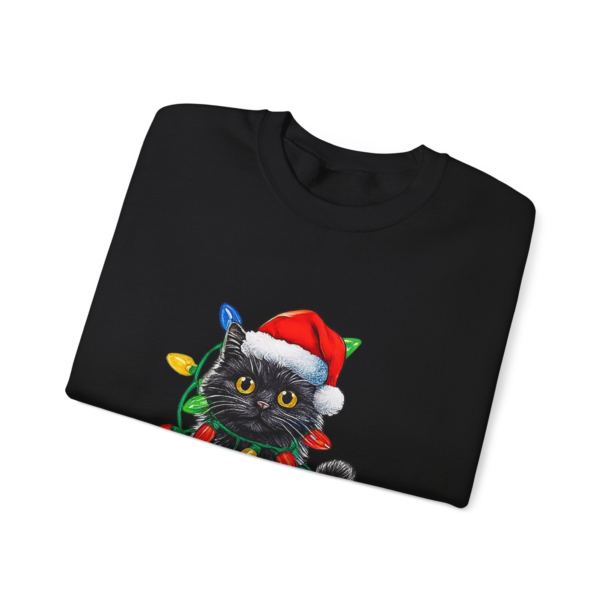 Christmas Cat Sweatshirt — Black Kitty in Santa Hat Wrapped in Holiday Lights