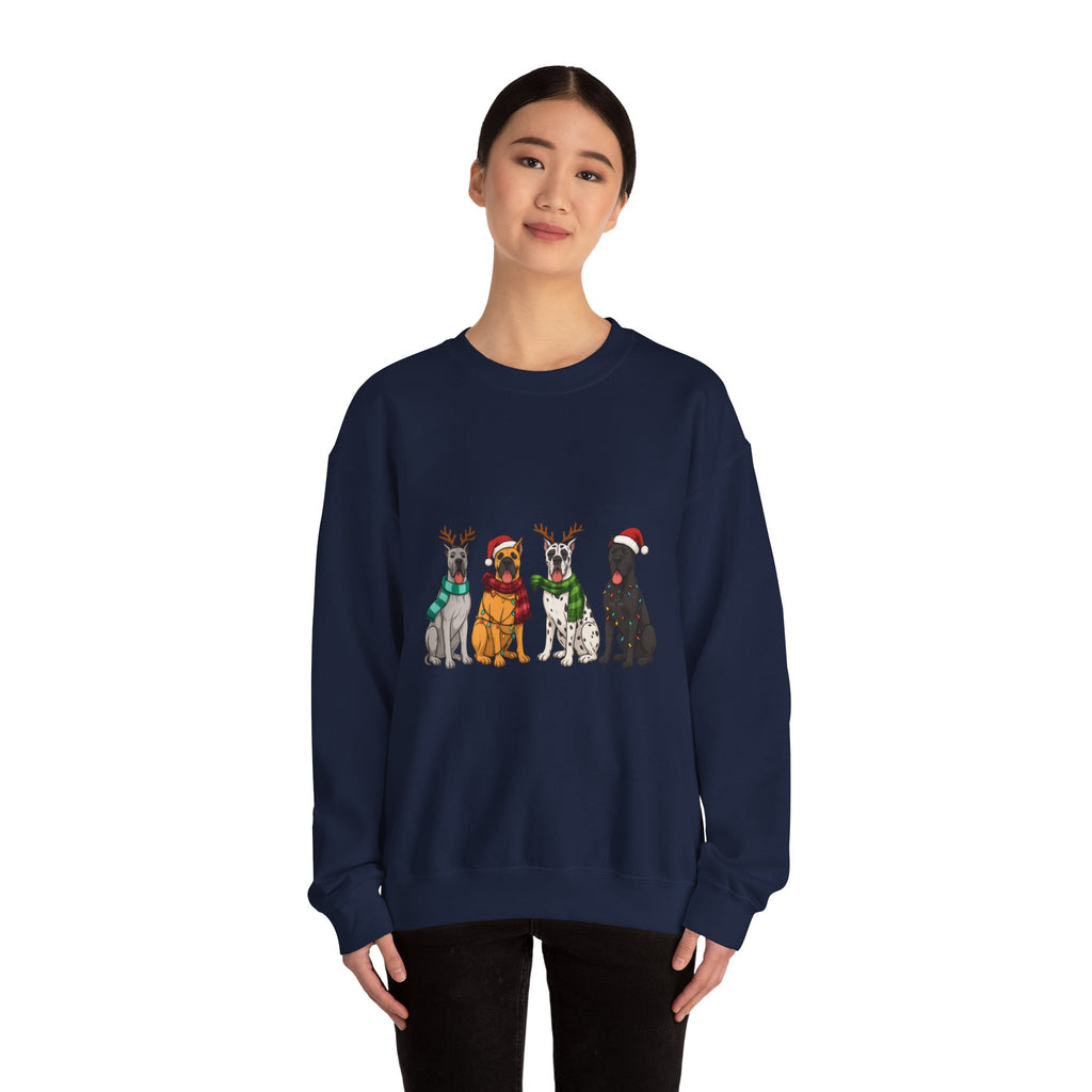 Christmas Dogs Crewneck Sweatshirt — Festive Reindeer & Santa Hat Puppies Holiday Sweatshirt