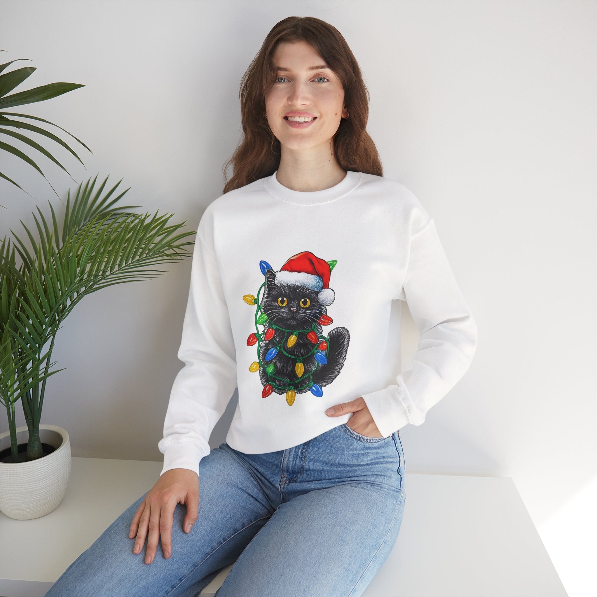 Christmas Cat Sweatshirt — Black Kitty in Santa Hat Wrapped in Holiday Lights