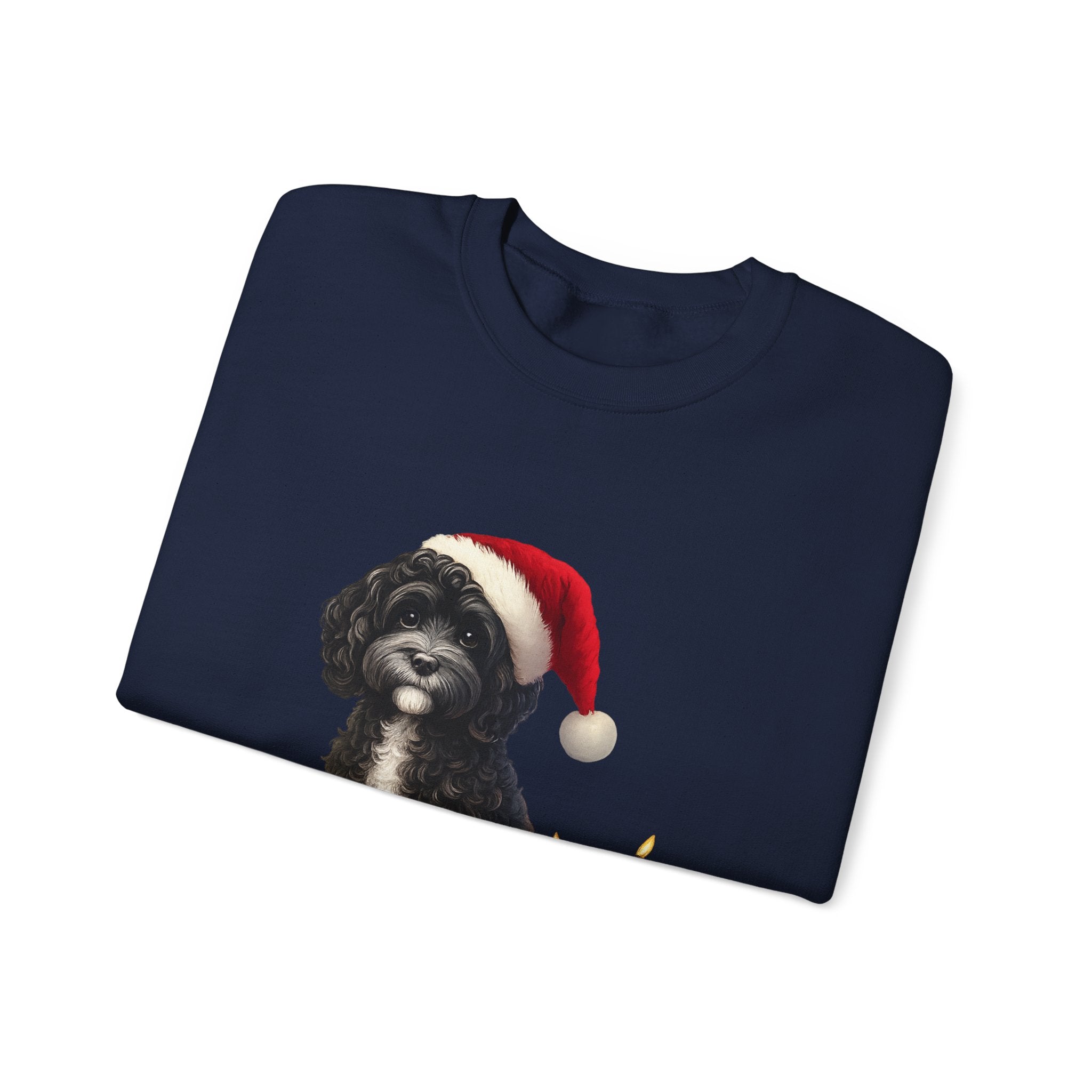 Holiday Labradoodle Sweatshirt – Cute Dog with Santa Hat & Fairy Lights