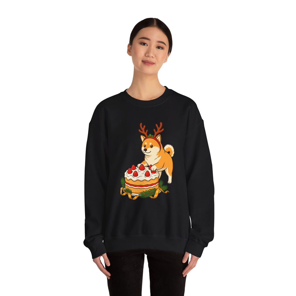 Shiba Inu Reindeer Sweatshirt – Cute Dog with Holiday Cake Crewneck