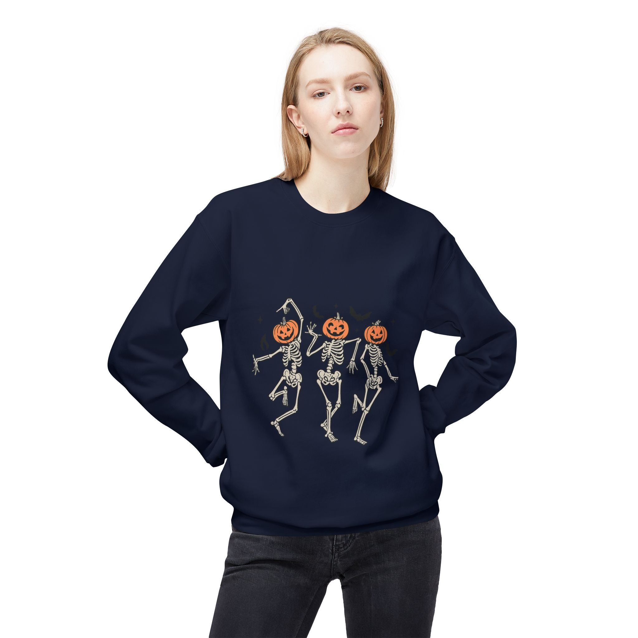 Halloween Skeleton Crewneck Sweatshirt, Unisex Spooky Apparel, Fall Fashion, Pumpkin Head Sweatshirt, Cozy Costume Top