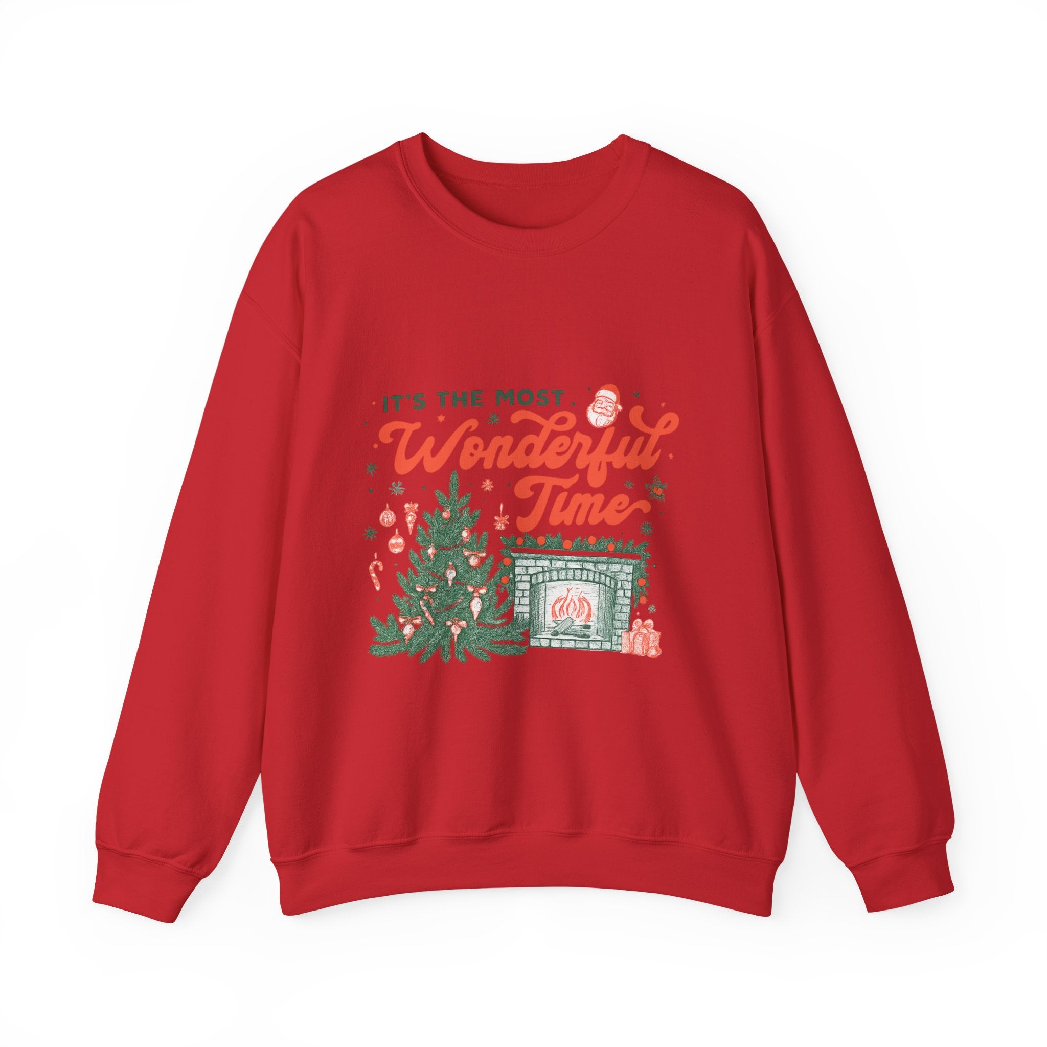 Holiday Sweatshirt — "It's the Most Wonderful Time" Christmas Tree & Fireplace Crewneck