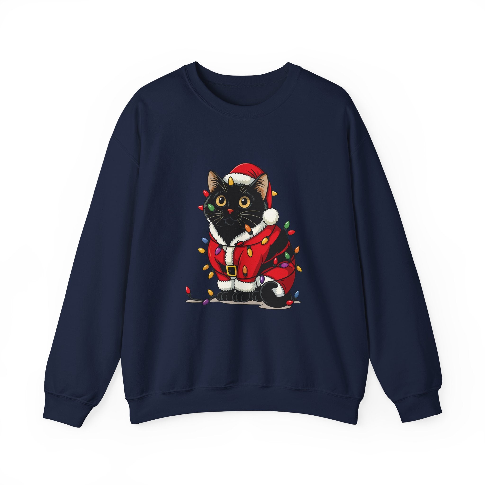 Holiday Black Cat Sweatshirt — Cute Santa Kitten in Christmas Lights