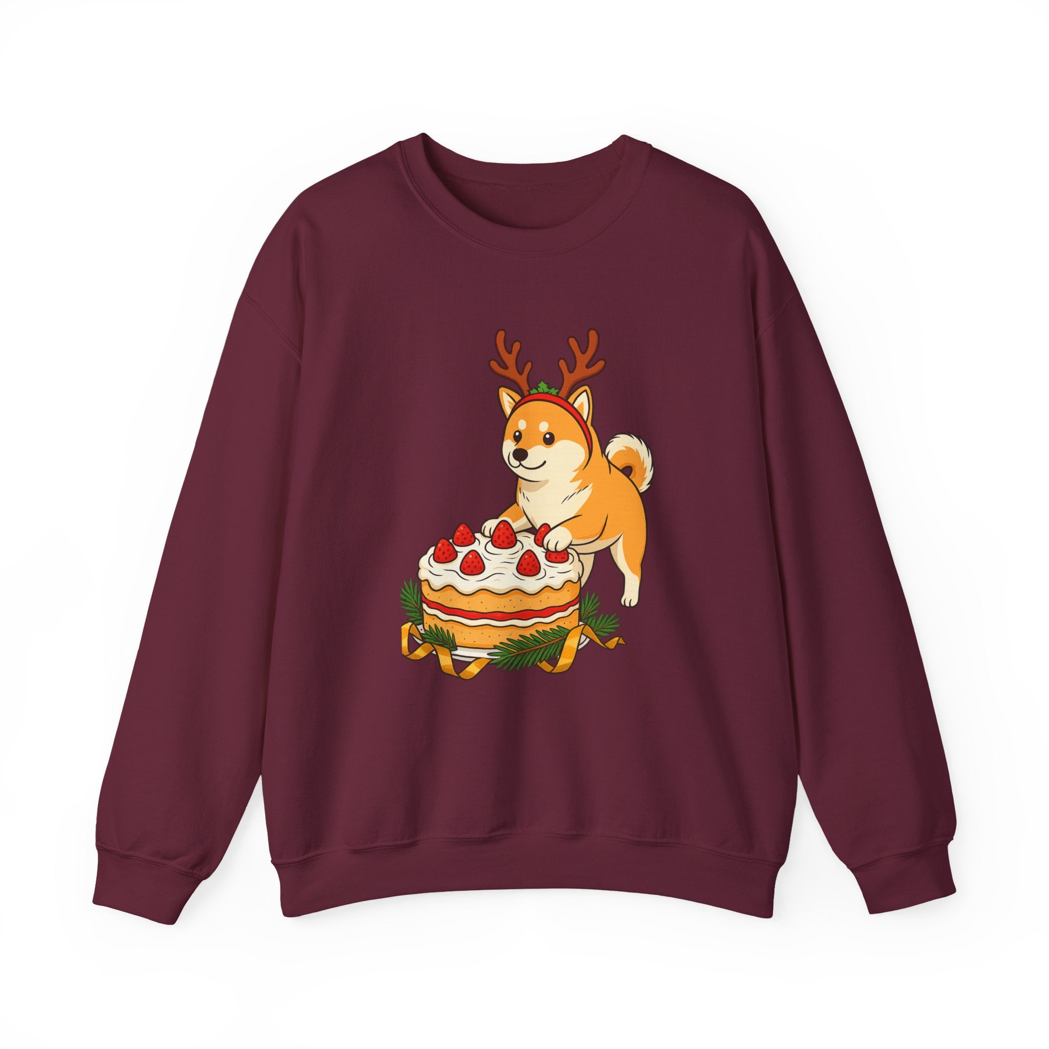 Shiba Inu Reindeer Sweatshirt – Cute Dog with Holiday Cake Crewneck