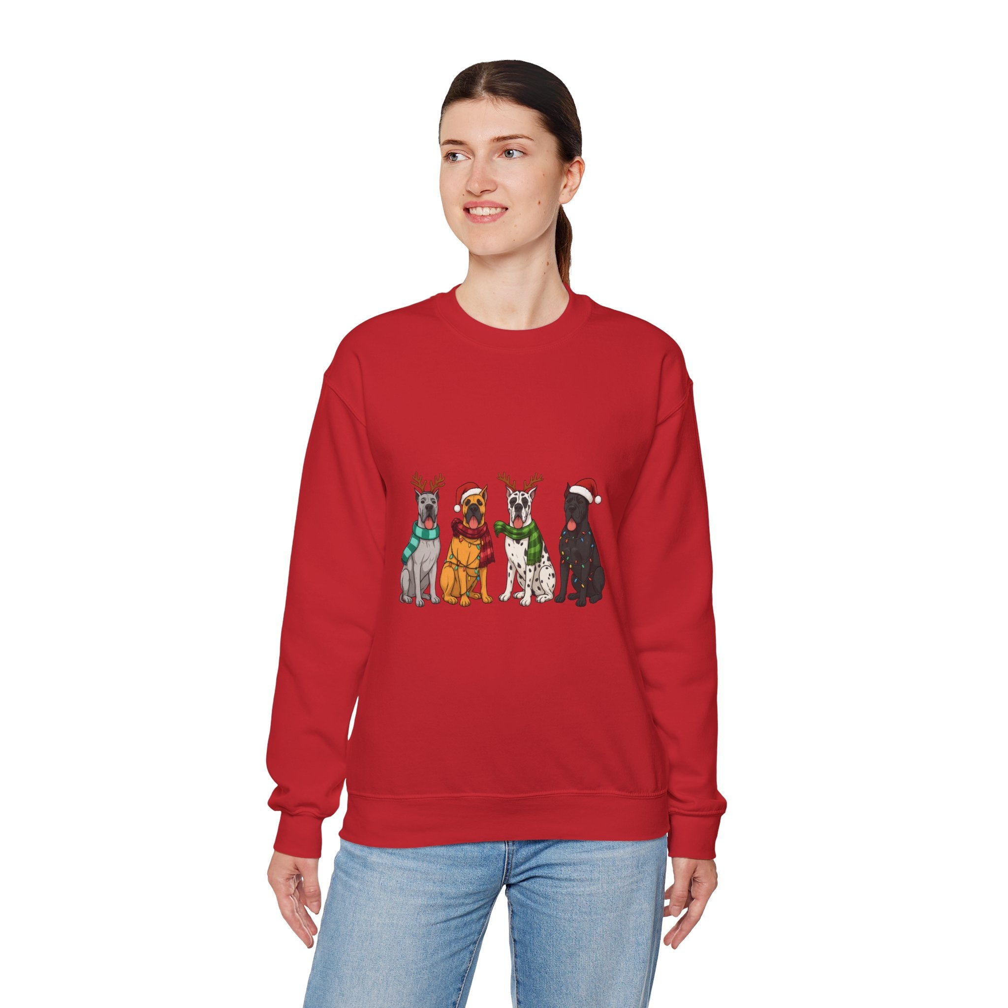 Christmas Dogs Crewneck Sweatshirt — Festive Reindeer & Santa Hat Puppies Holiday Sweatshirt