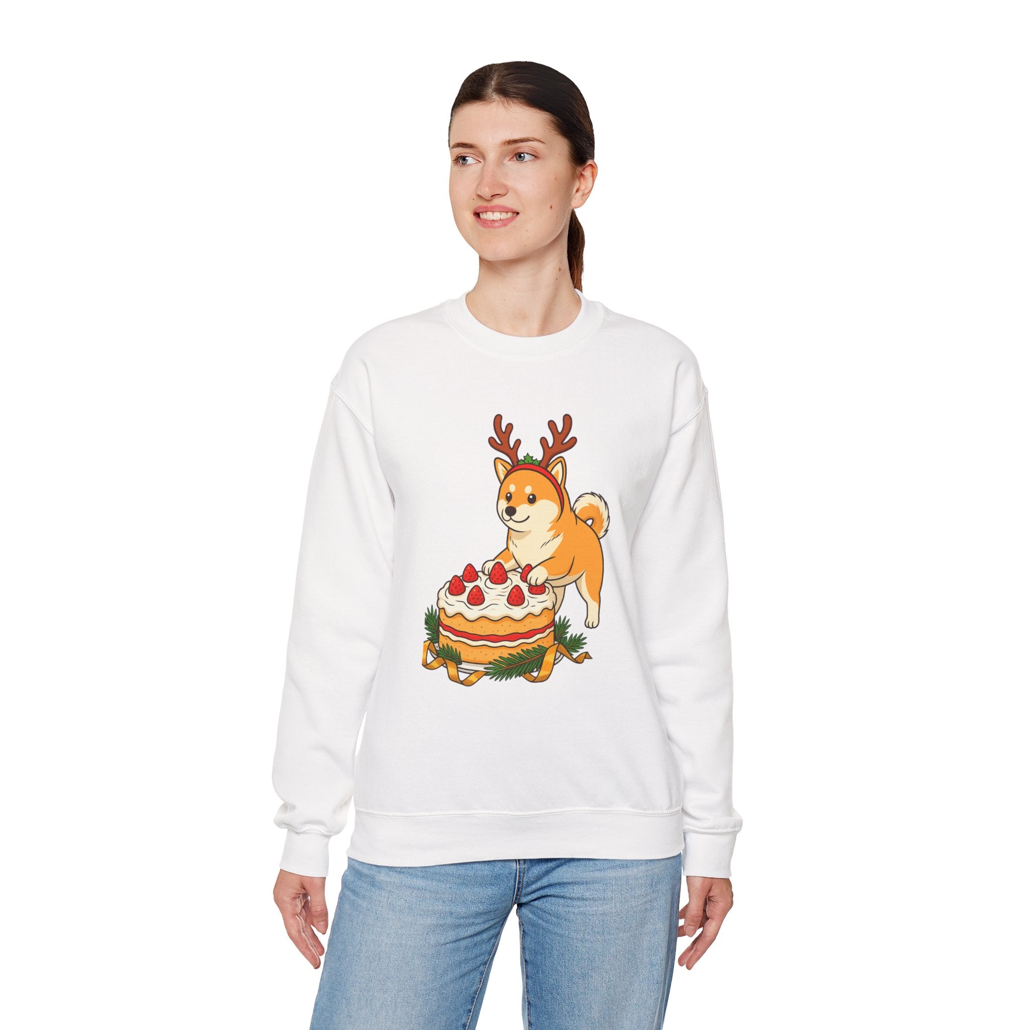 Shiba Inu Reindeer Sweatshirt – Cute Dog with Holiday Cake Crewneck