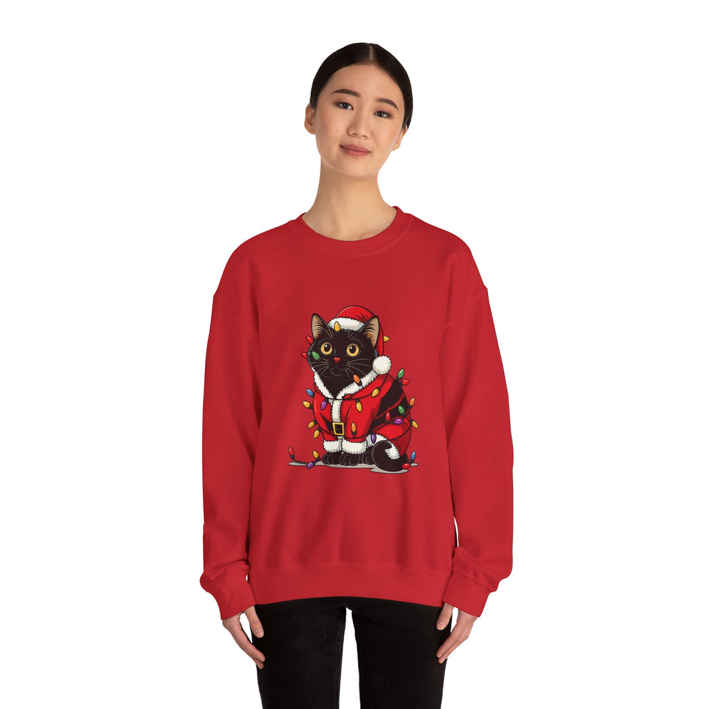 Holiday Black Cat Sweatshirt — Cute Santa Kitten in Christmas Lights