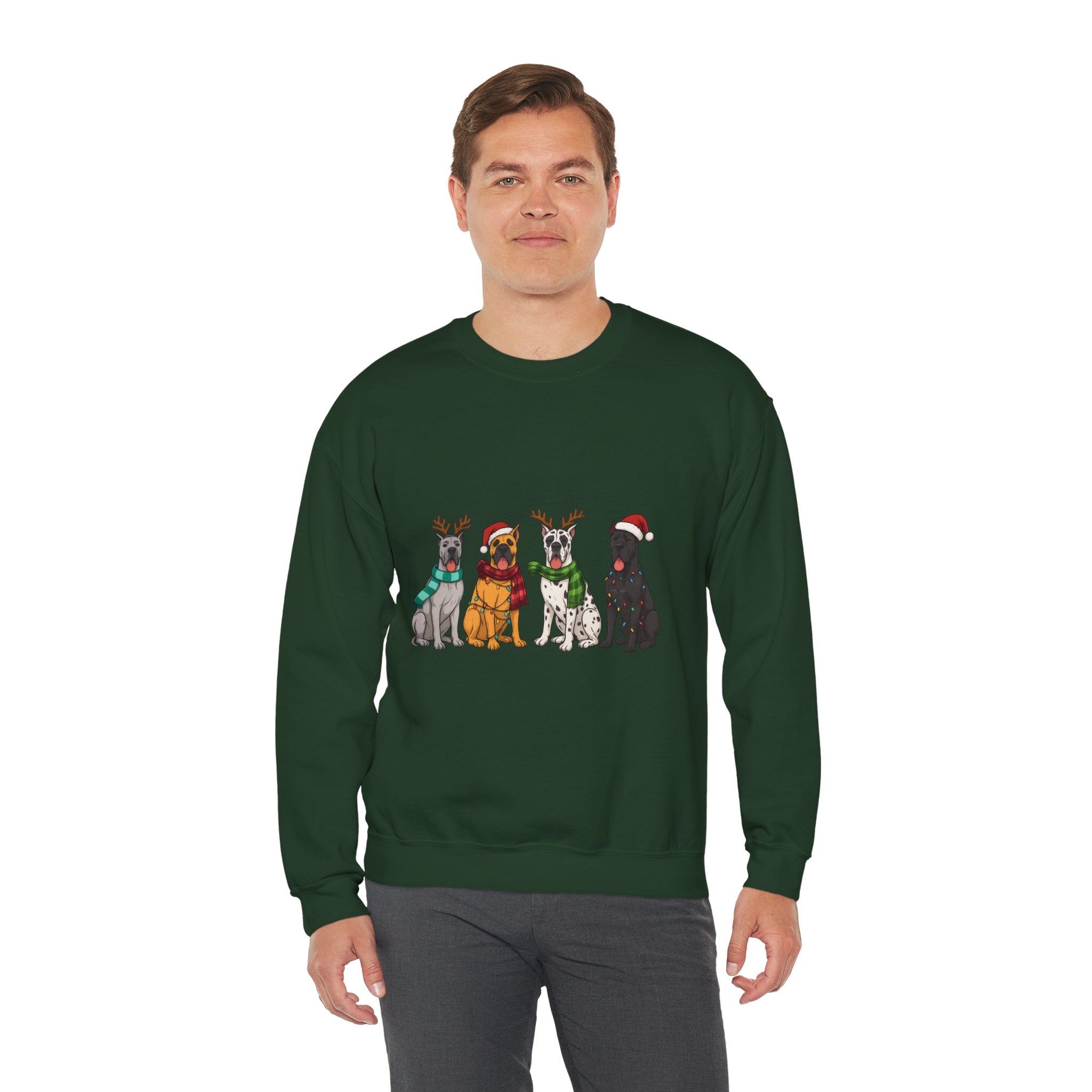 Christmas Dogs Crewneck Sweatshirt — Festive Reindeer & Santa Hat Puppies Holiday Sweatshirt
