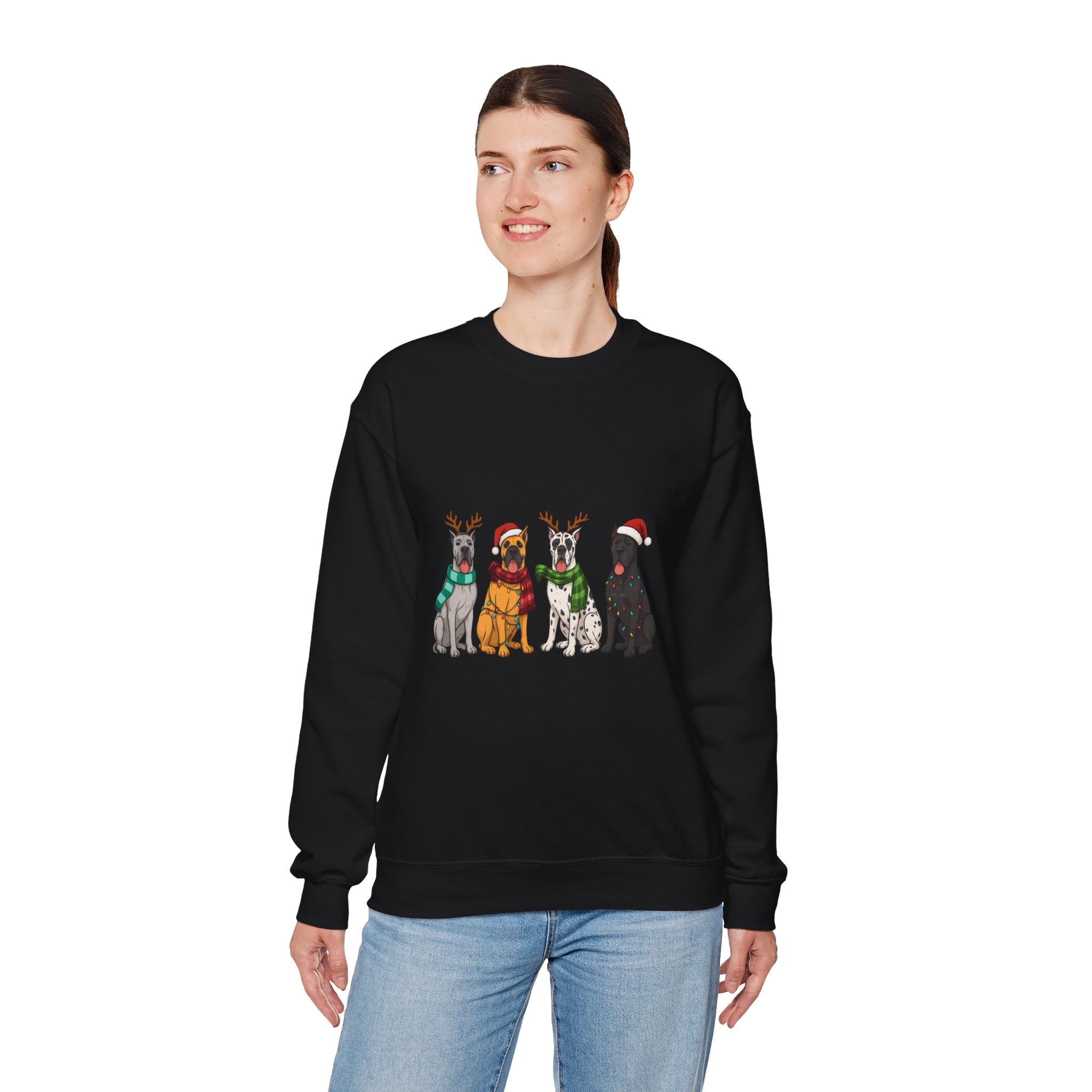 Christmas Dogs Crewneck Sweatshirt — Festive Reindeer & Santa Hat Puppies Holiday Sweatshirt