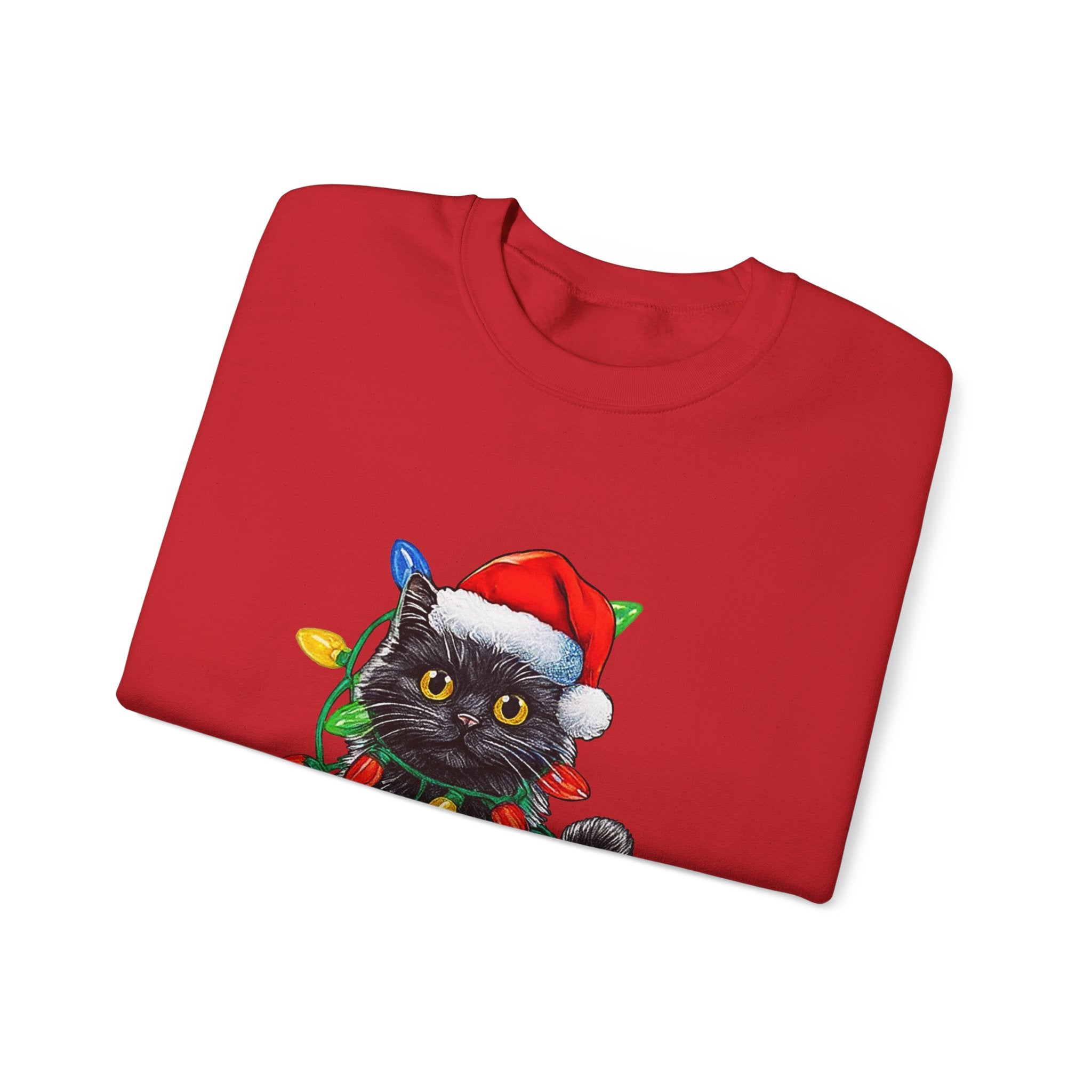 Christmas Cat Sweatshirt — Black Kitty in Santa Hat Wrapped in Holiday Lights