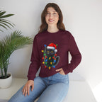 Christmas Cat Sweatshirt — Black Kitty in Santa Hat Wrapped in Holiday Lights