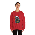 Christmas Cat Sweatshirt — Black Kitty in Santa Hat Wrapped in Holiday Lights