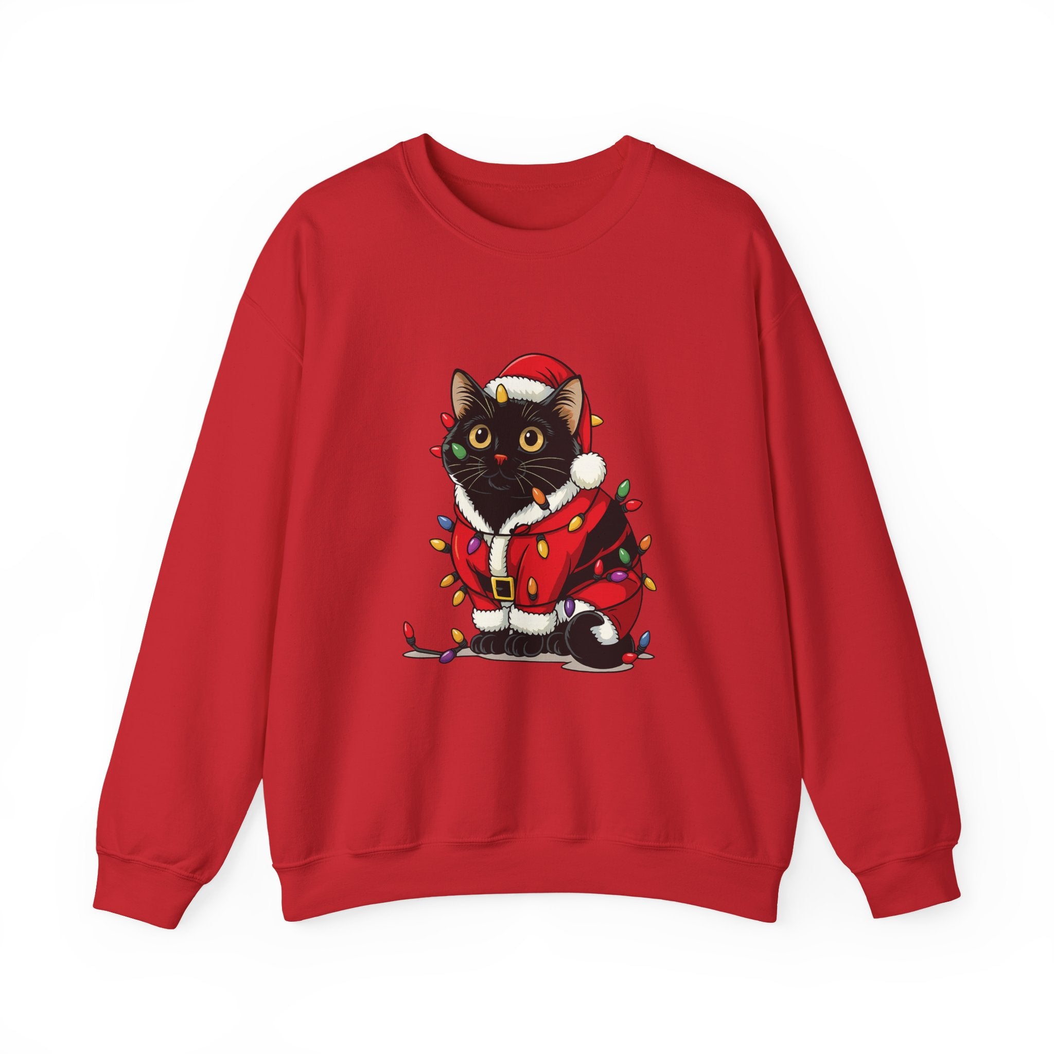 Holiday Black Cat Sweatshirt — Cute Santa Kitten in Christmas Lights