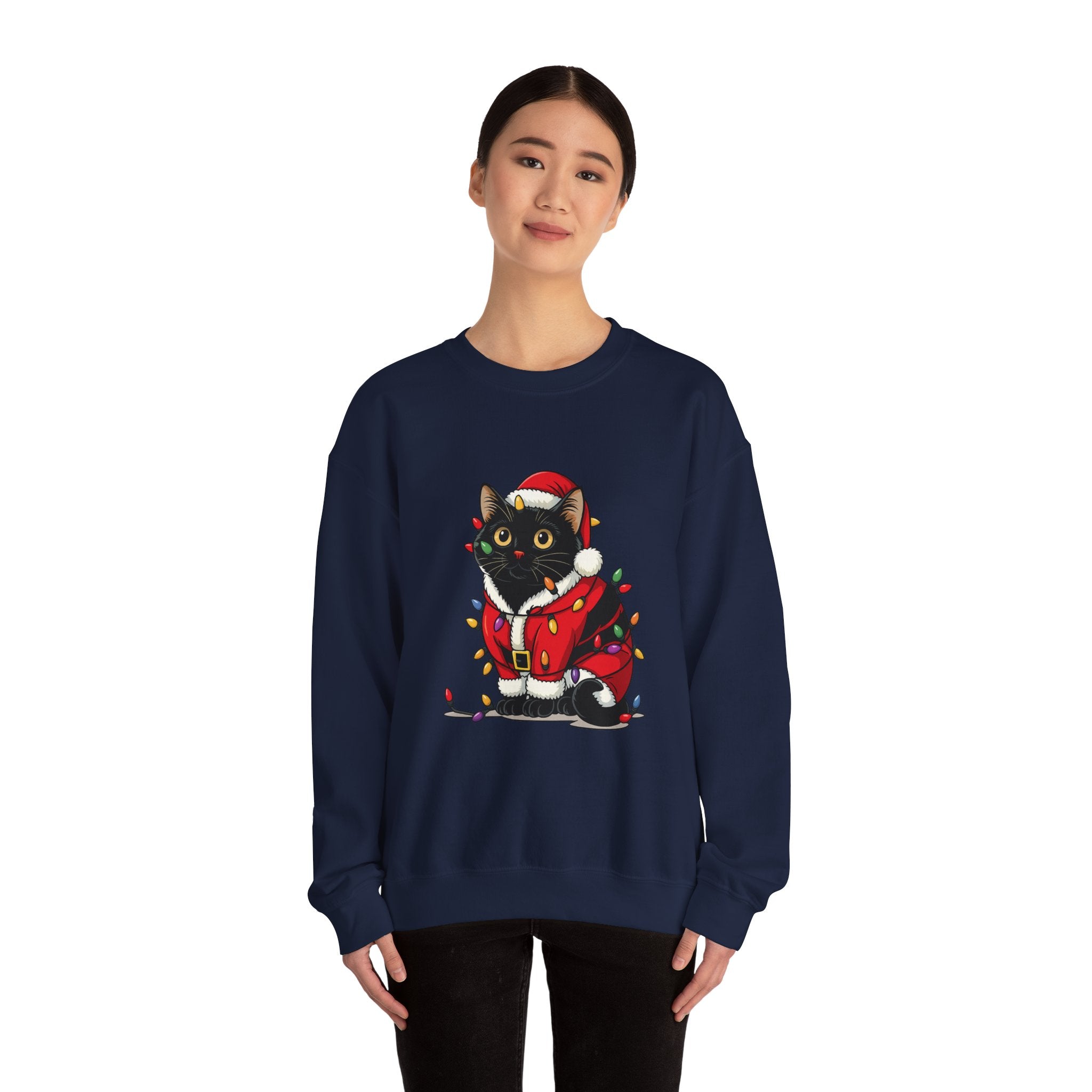 Holiday Black Cat Sweatshirt — Cute Santa Kitten in Christmas Lights