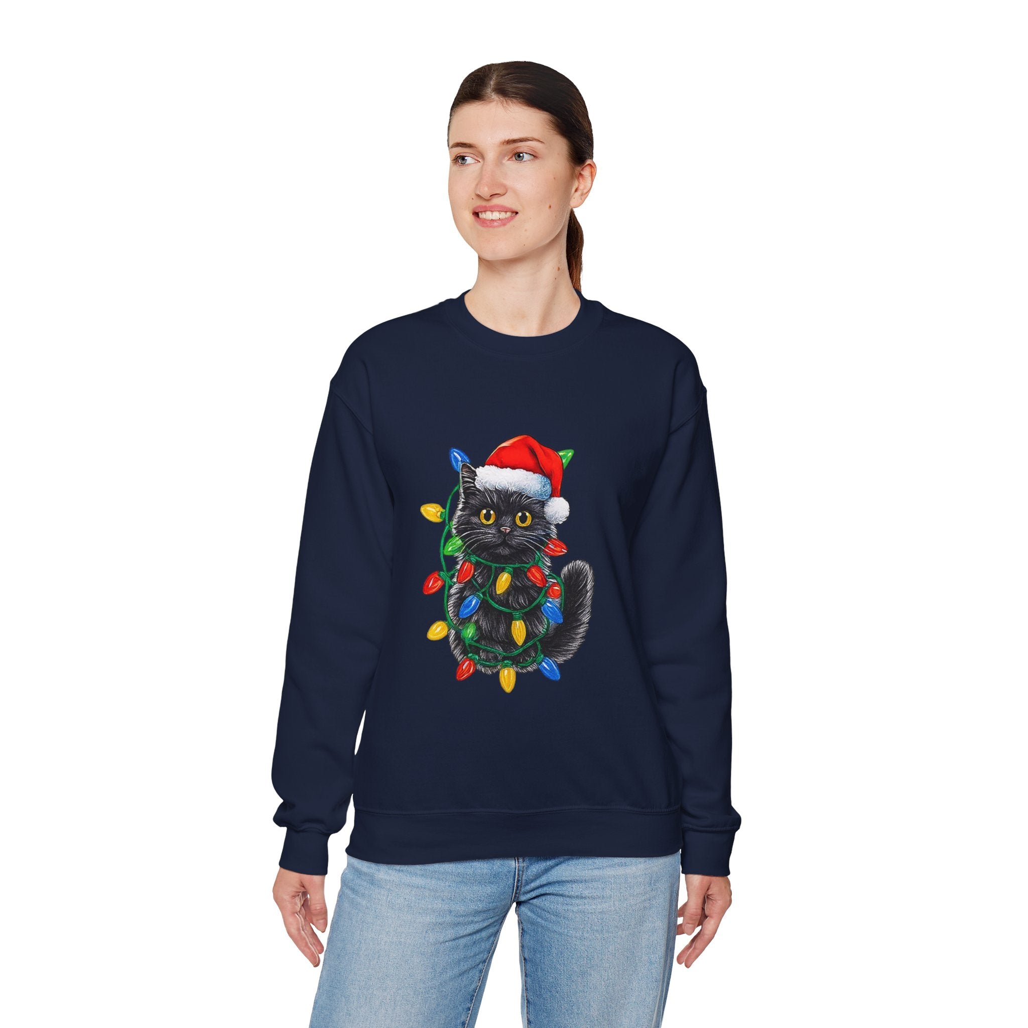 Christmas Cat Sweatshirt — Black Kitty in Santa Hat Wrapped in Holiday Lights