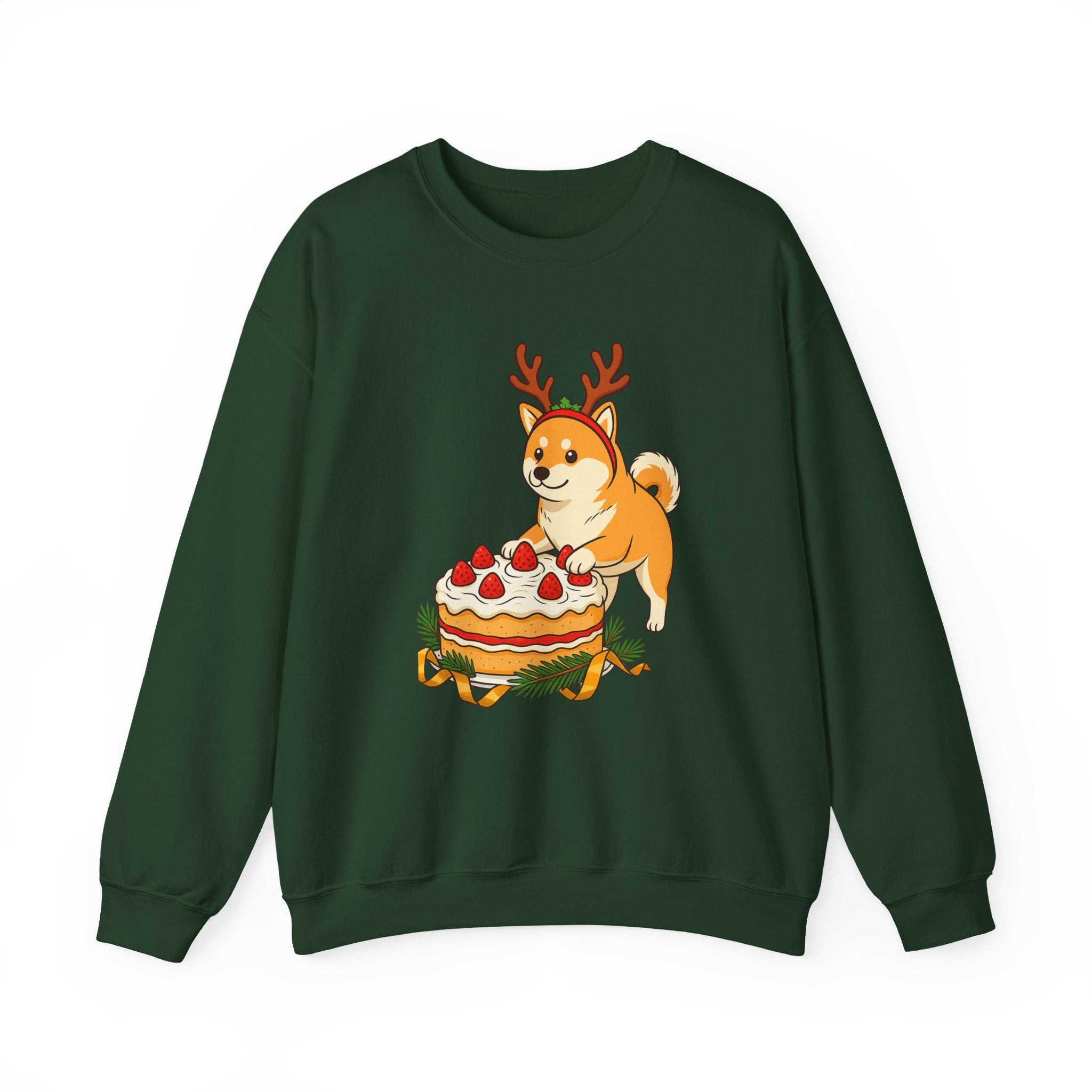 Shiba Inu Reindeer Sweatshirt – Cute Dog with Holiday Cake Crewneck