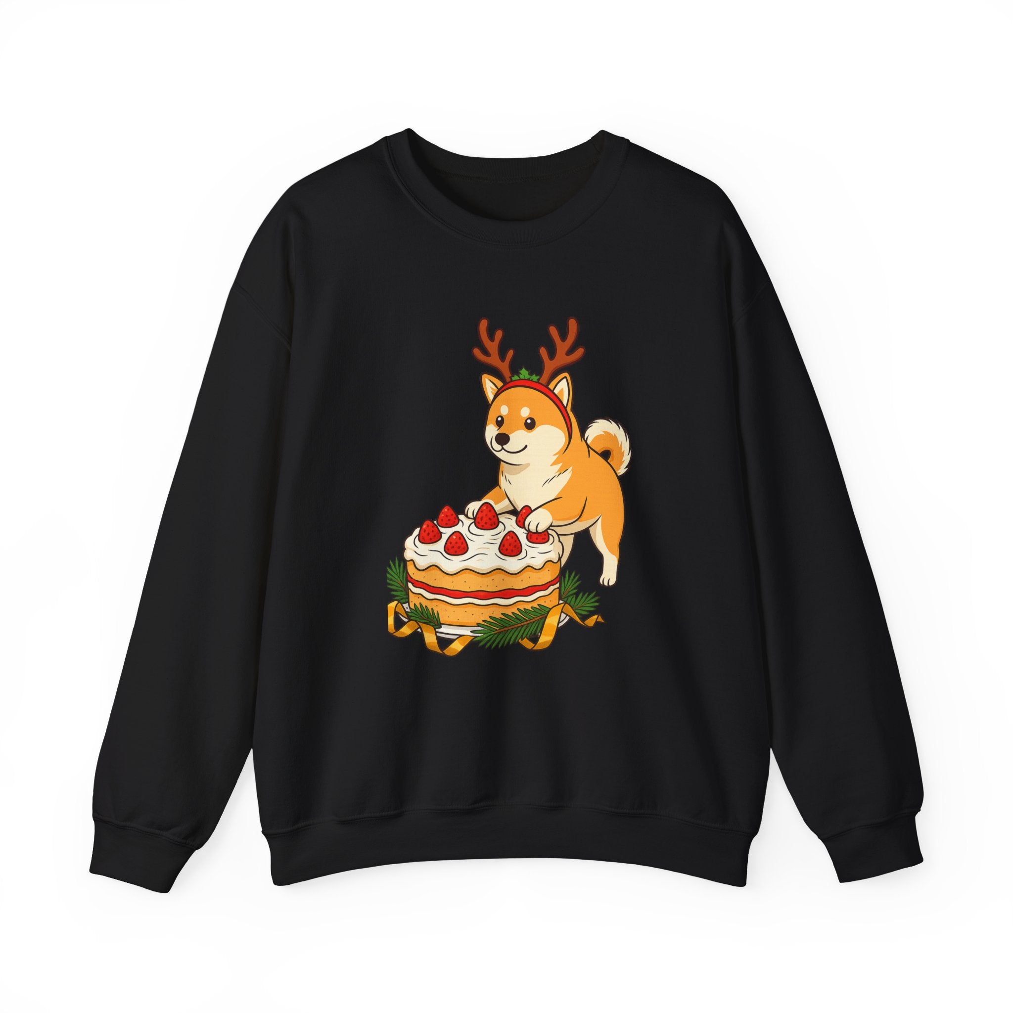 Shiba Inu Reindeer Sweatshirt – Cute Dog with Holiday Cake Crewneck