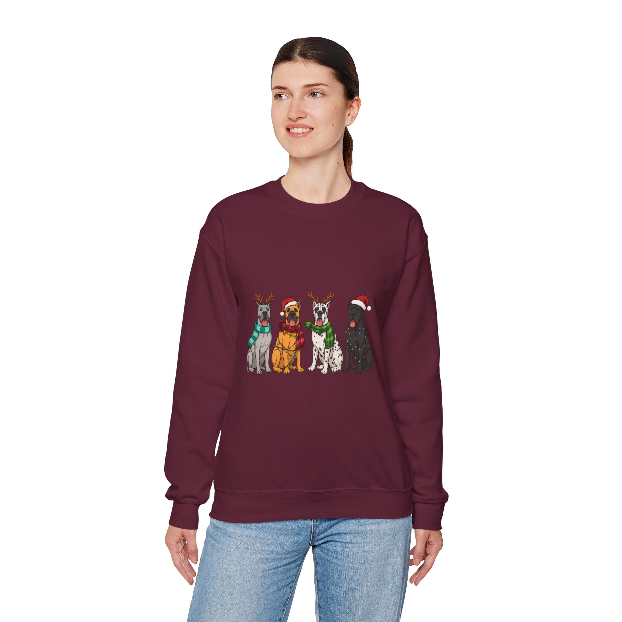 Christmas Dogs Crewneck Sweatshirt — Festive Reindeer & Santa Hat Puppies Holiday Sweatshirt