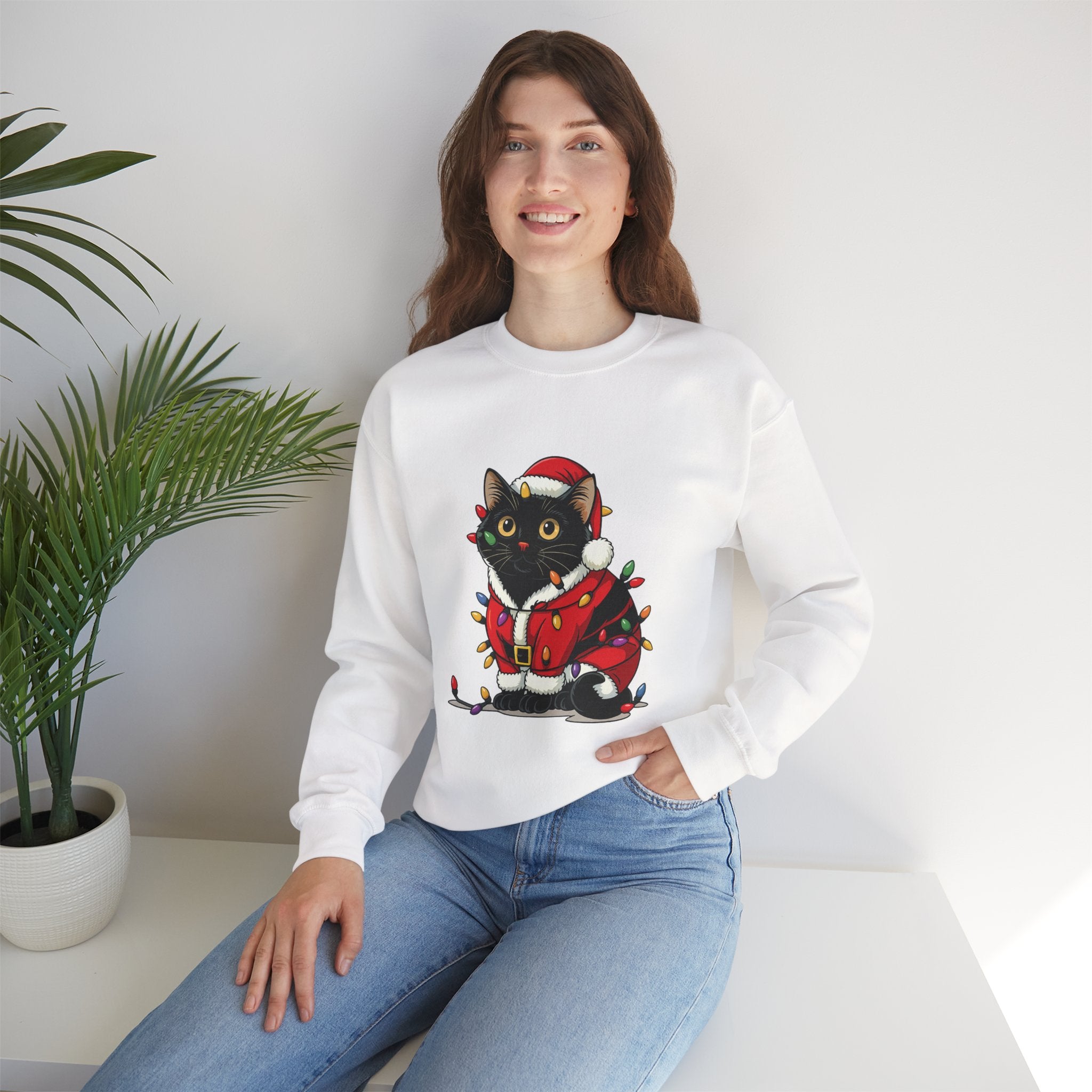 Holiday Black Cat Sweatshirt — Cute Santa Kitten in Christmas Lights