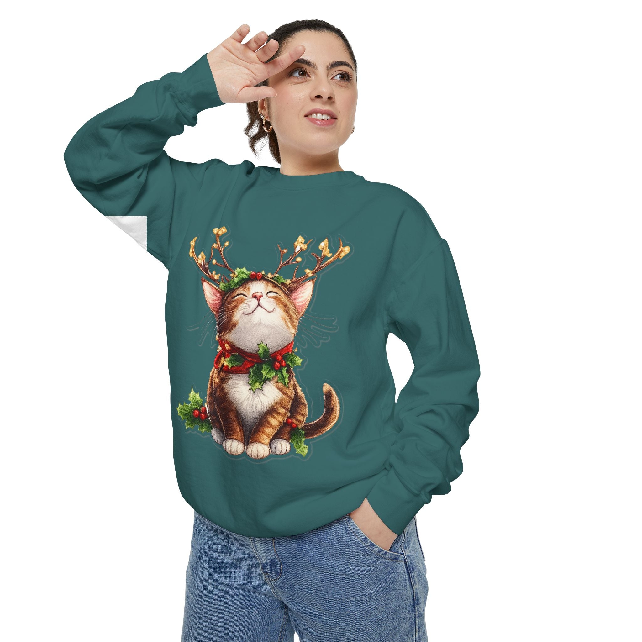 Christmas Cat Sweatshirt — Festive Antler Kitty Holiday Sweater