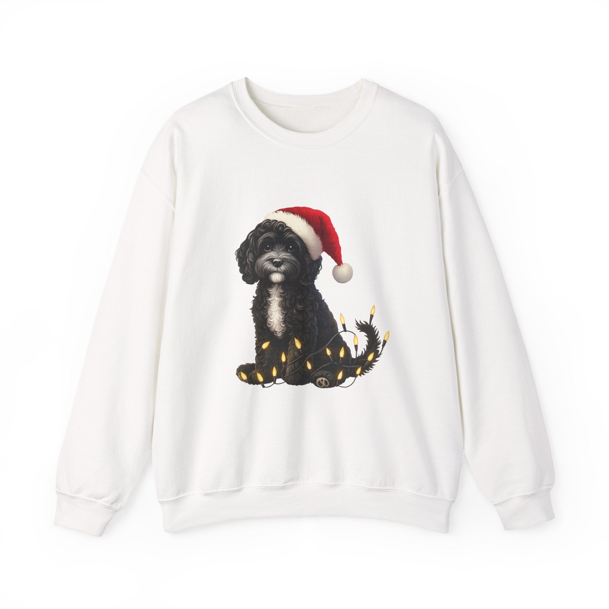 Holiday Labradoodle Sweatshirt – Cute Dog with Santa Hat & Fairy Lights