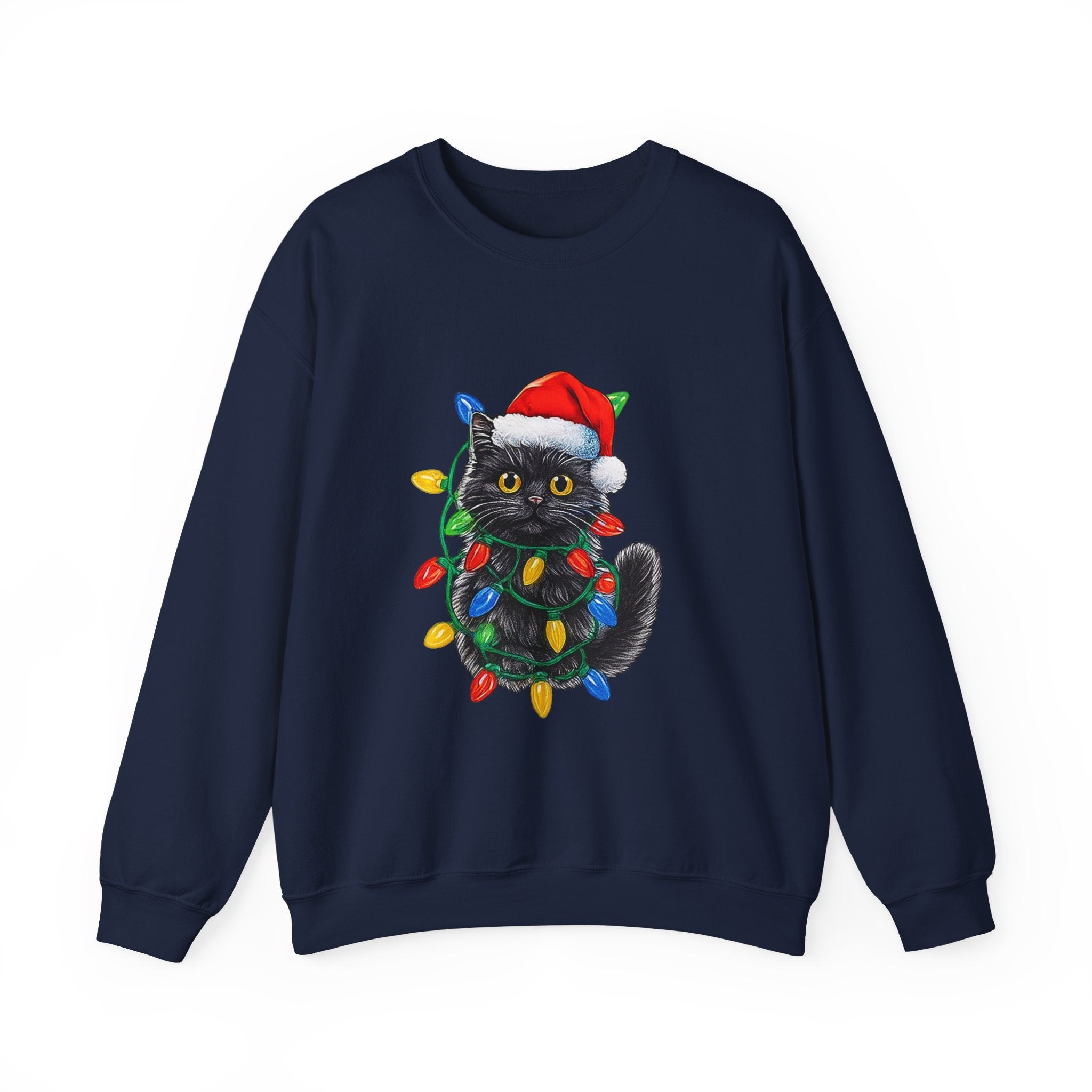 Christmas Cat Sweatshirt — Black Kitty in Santa Hat Wrapped in Holiday Lights