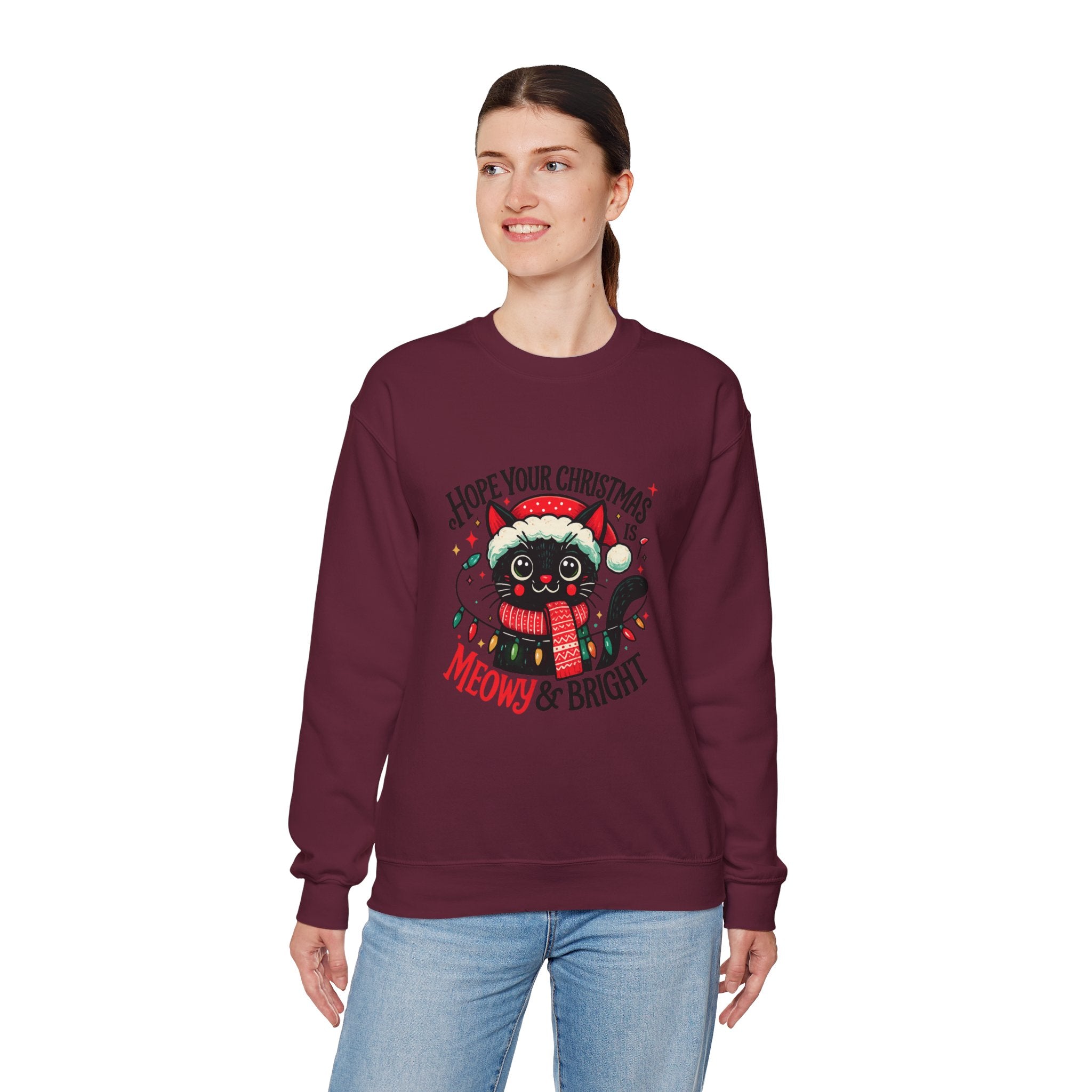Christmas Cat Sweatshirt — "Meows & Bright" Holiday Crewneck