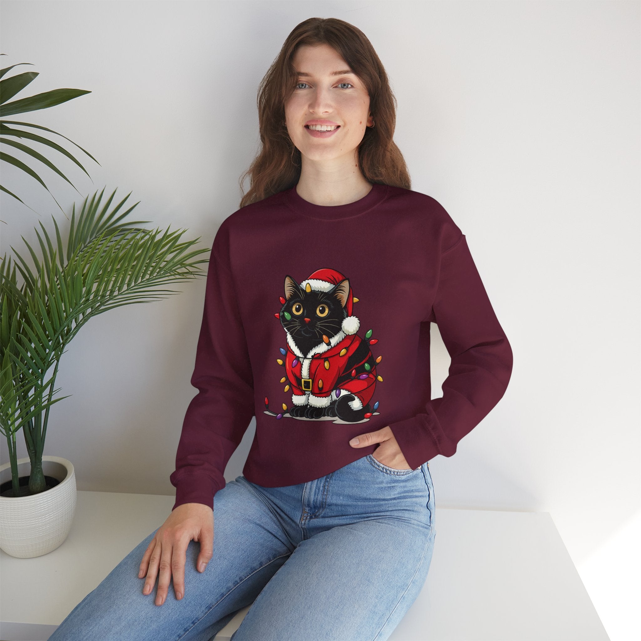 Holiday Black Cat Sweatshirt — Cute Santa Kitten in Christmas Lights