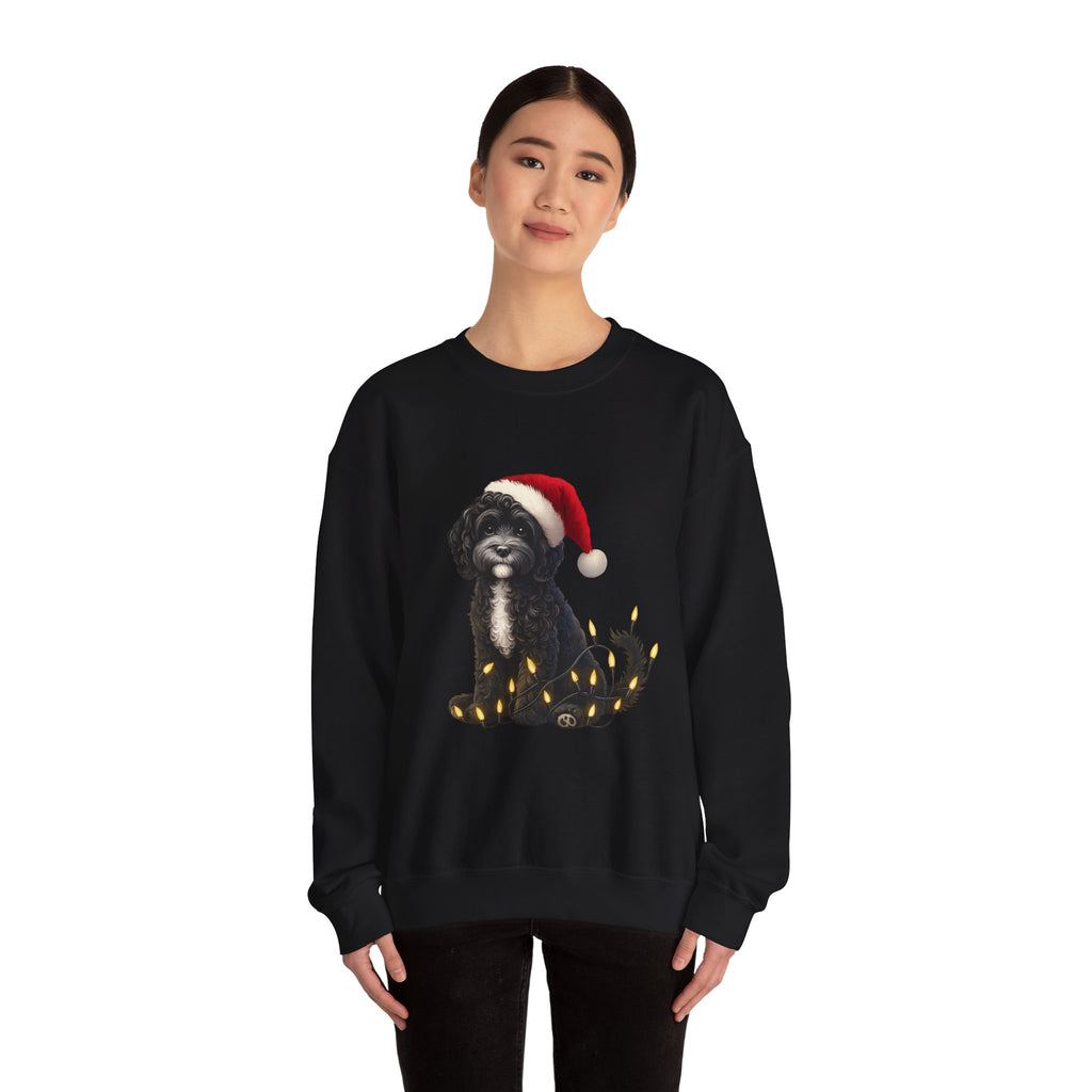 Holiday Labradoodle Sweatshirt – Cute Dog with Santa Hat & Fairy Lights
