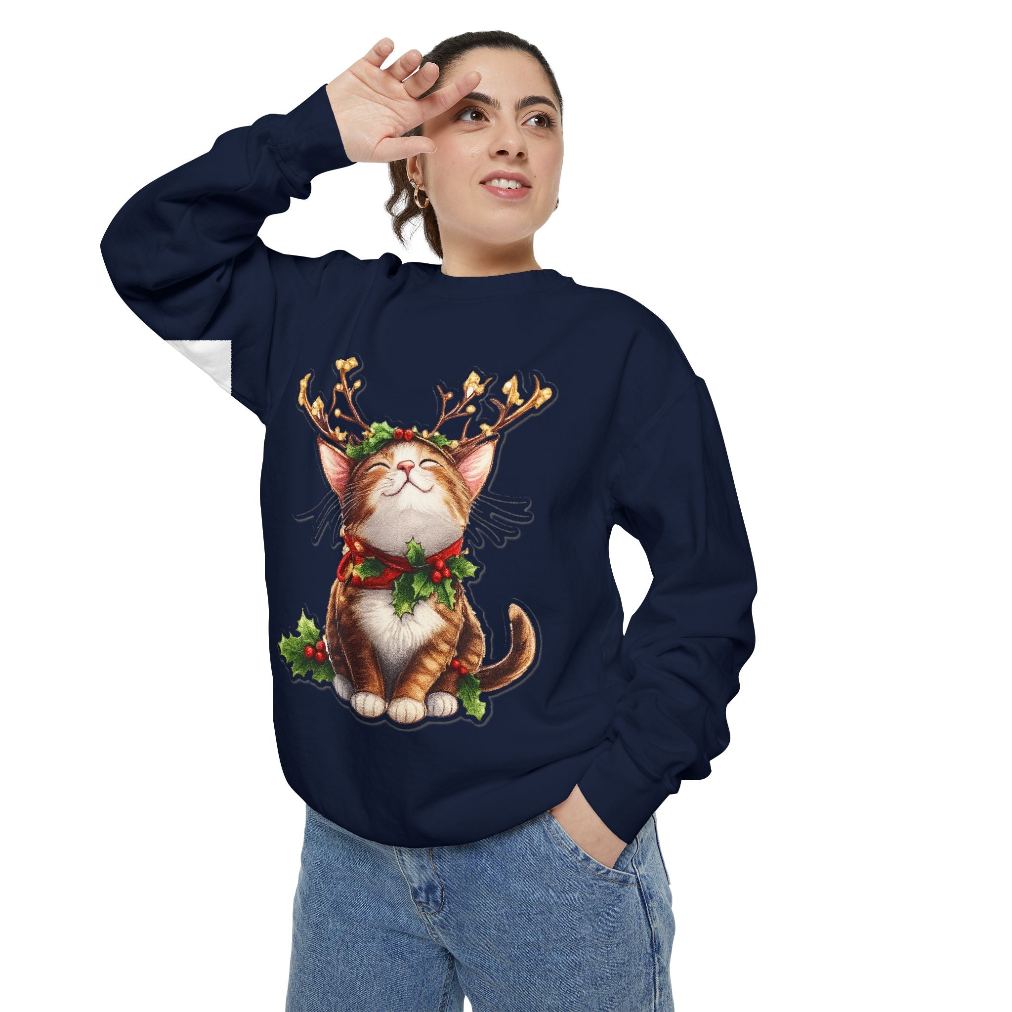 Christmas Cat Sweatshirt — Festive Antler Kitty Holiday Sweater
