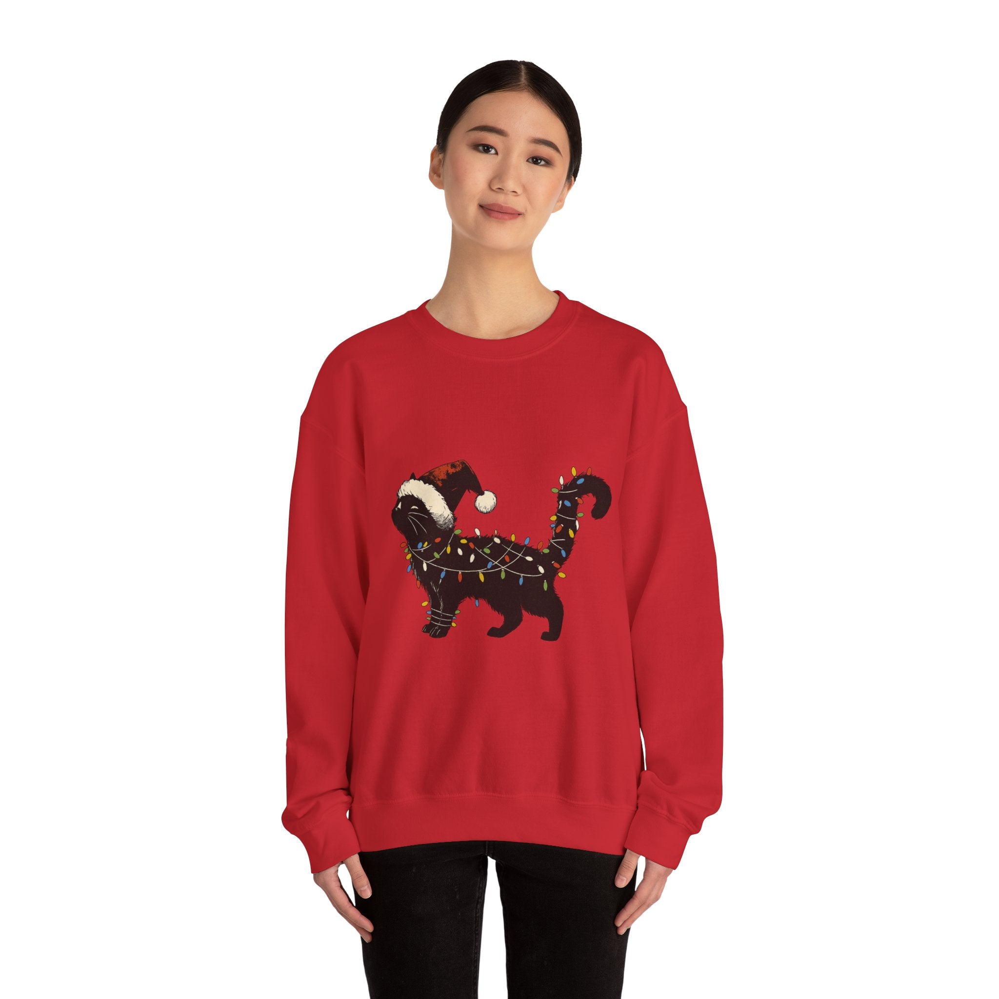 Holiday Cat Sweatshirt — Black Cat Wrapped in Christmas Lights & Santa Hat