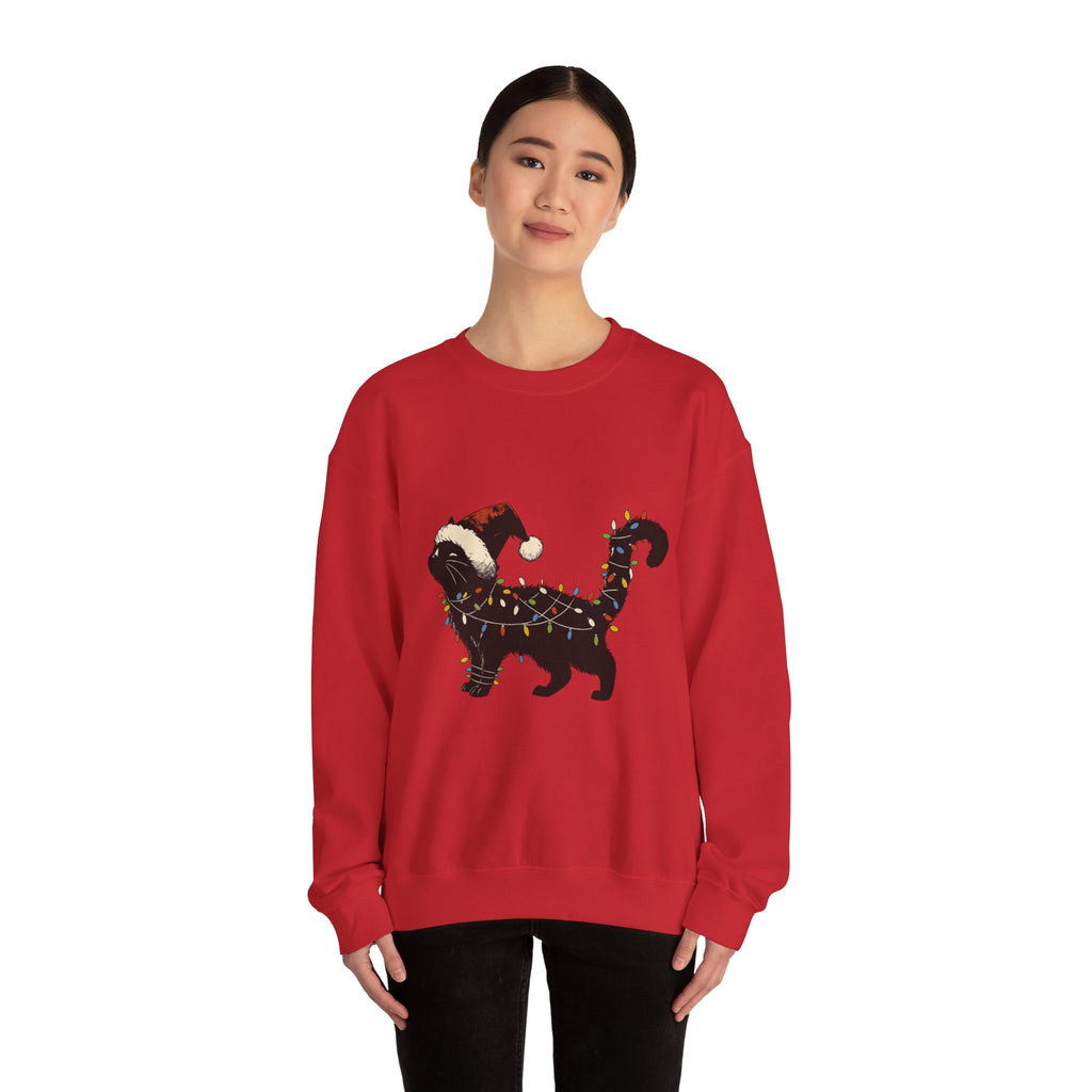 Holiday Cat Sweatshirt — Black Cat Wrapped in Christmas Lights & Santa Hat