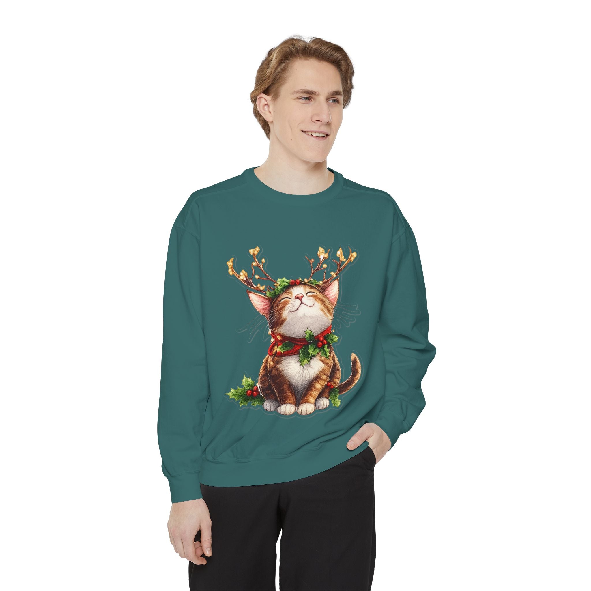 Christmas Cat Sweatshirt — Festive Antler Kitty Holiday Sweater