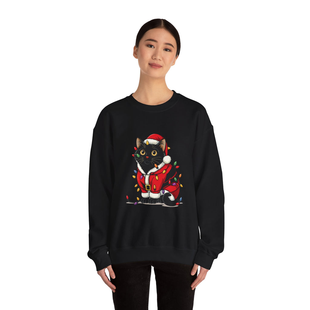 Holiday Black Cat Sweatshirt — Cute Santa Kitten in Christmas Lights