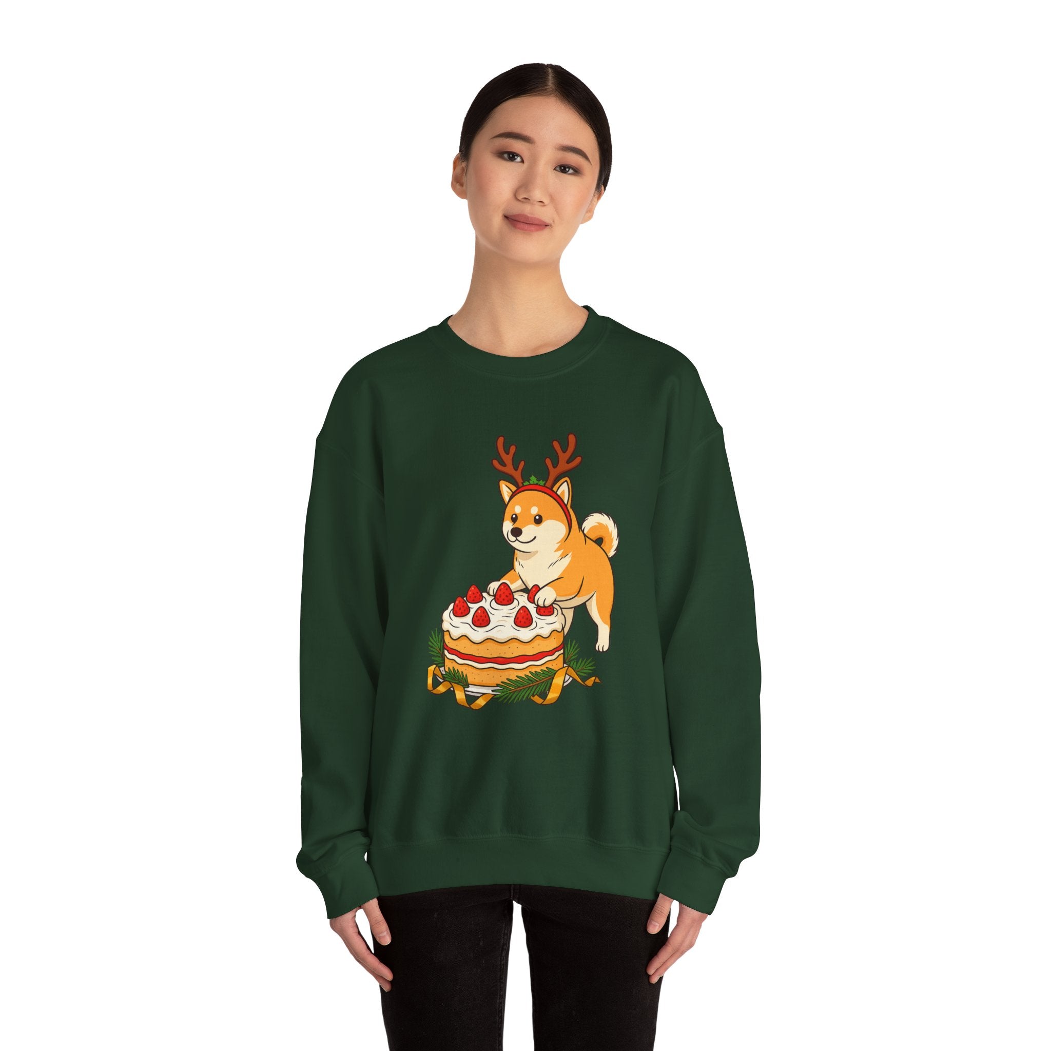 Shiba Inu Reindeer Sweatshirt – Cute Dog with Holiday Cake Crewneck