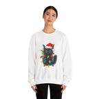 Christmas Cat Sweatshirt — Black Kitty in Santa Hat Wrapped in Holiday Lights