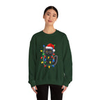 Christmas Cat Sweatshirt — Black Kitty in Santa Hat Wrapped in Holiday Lights
